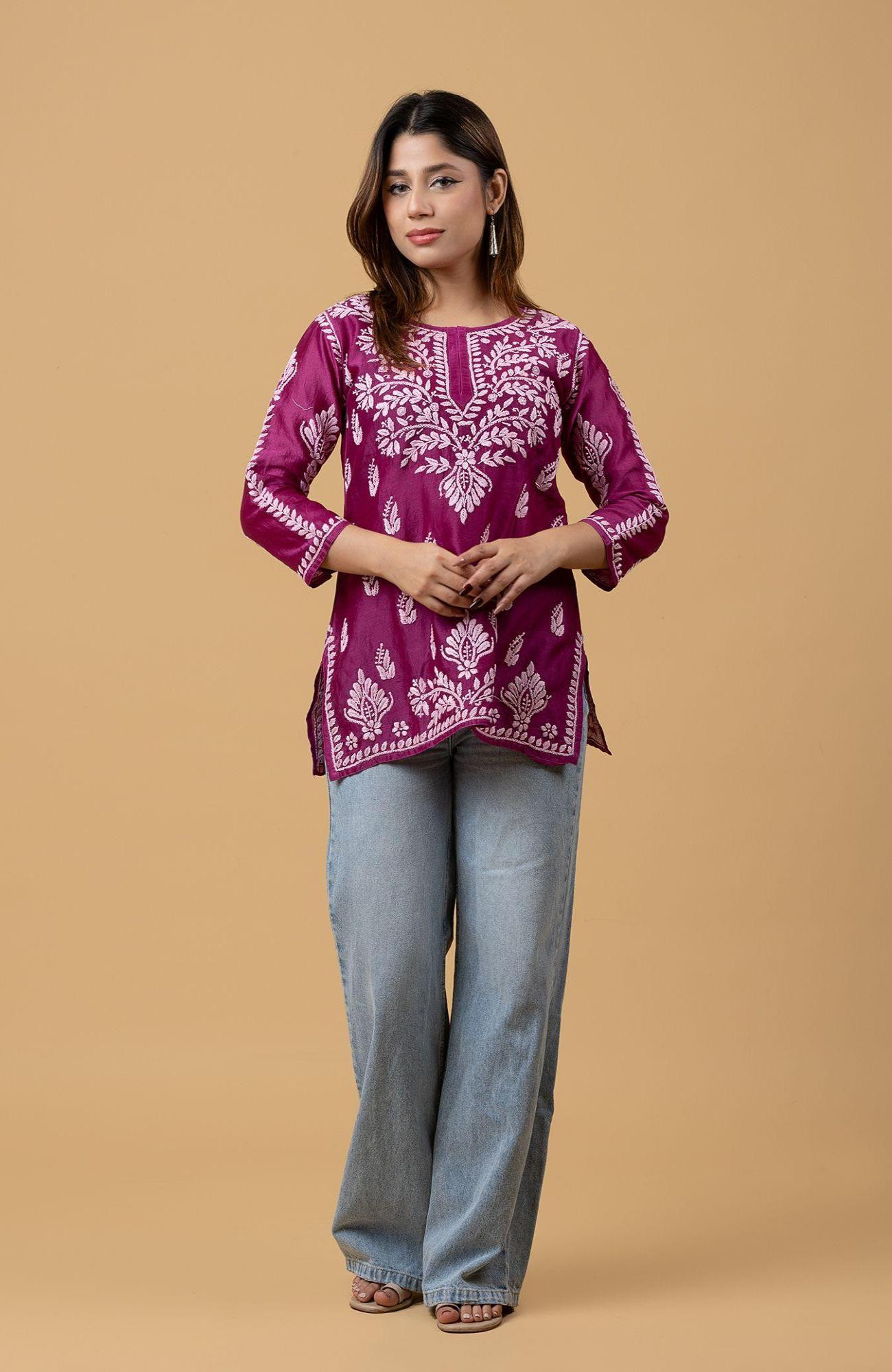 Magenta Chanderi Chikankari Short Top