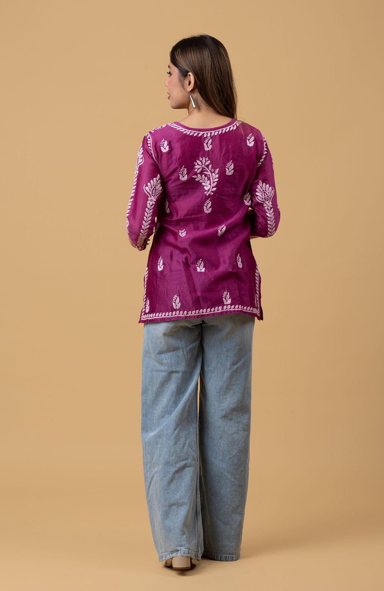 Magenta Chanderi Chikankari Short Top