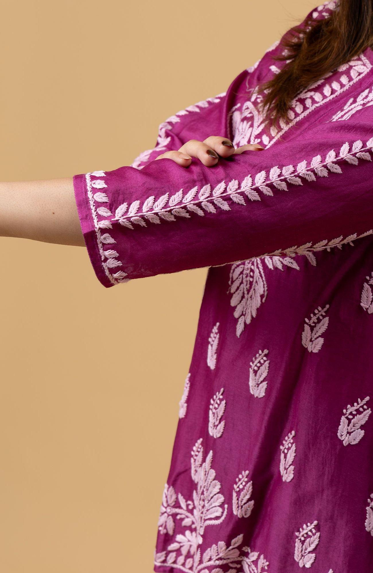 Magenta Chanderi Chikankari Short Top