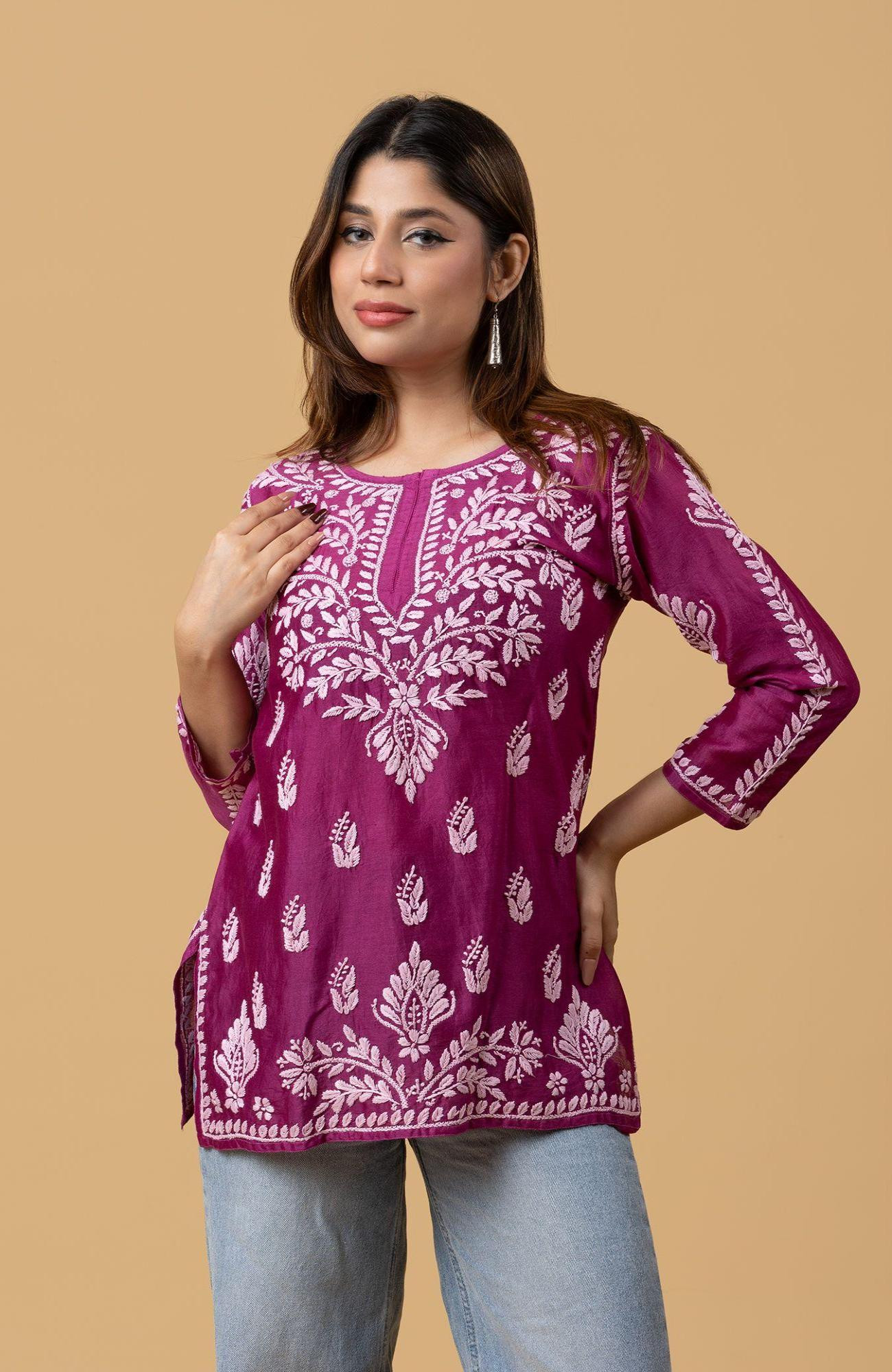 Magenta Chanderi Chikankari Short Top