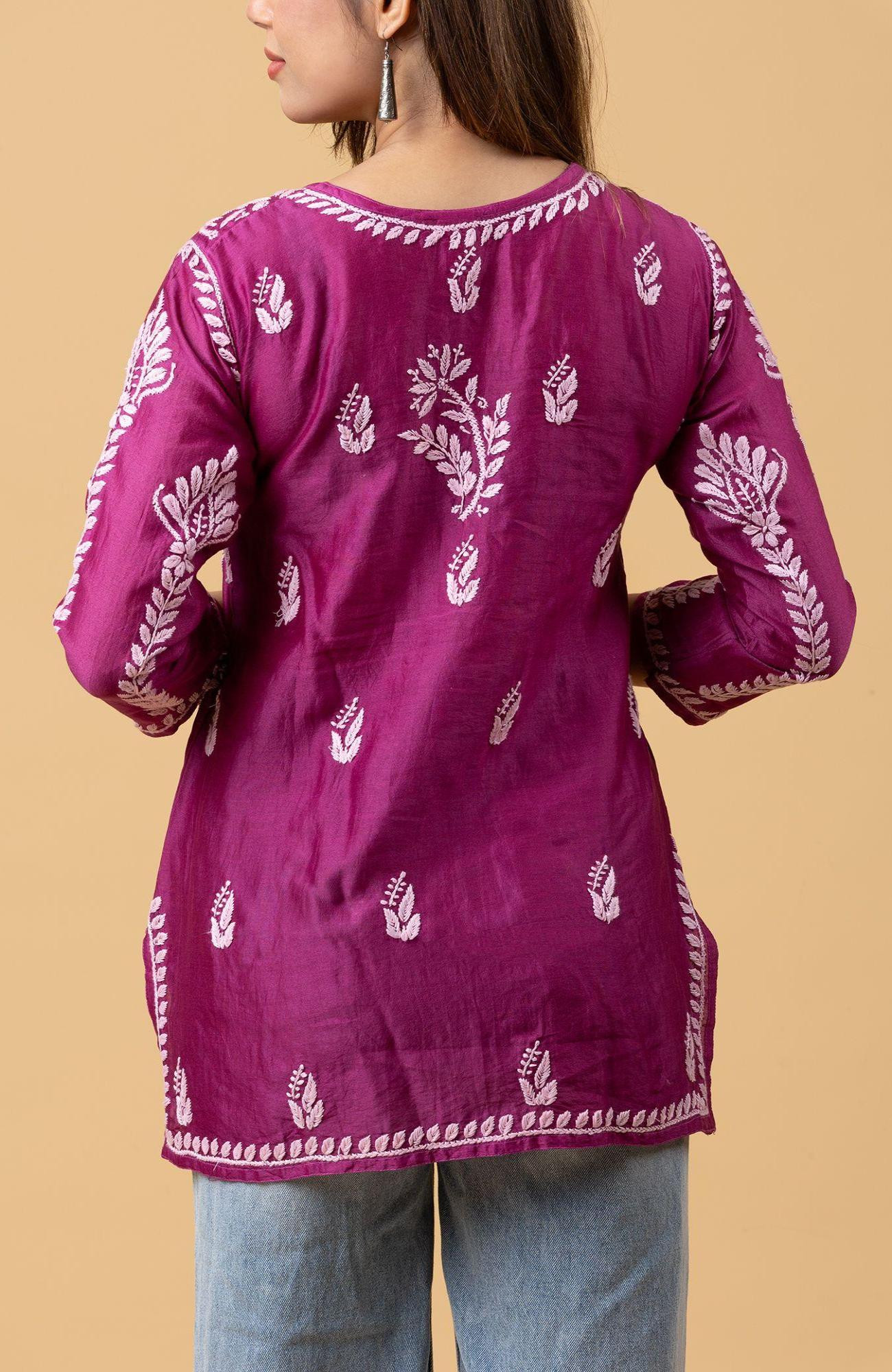 Magenta Chanderi Chikankari Short Top