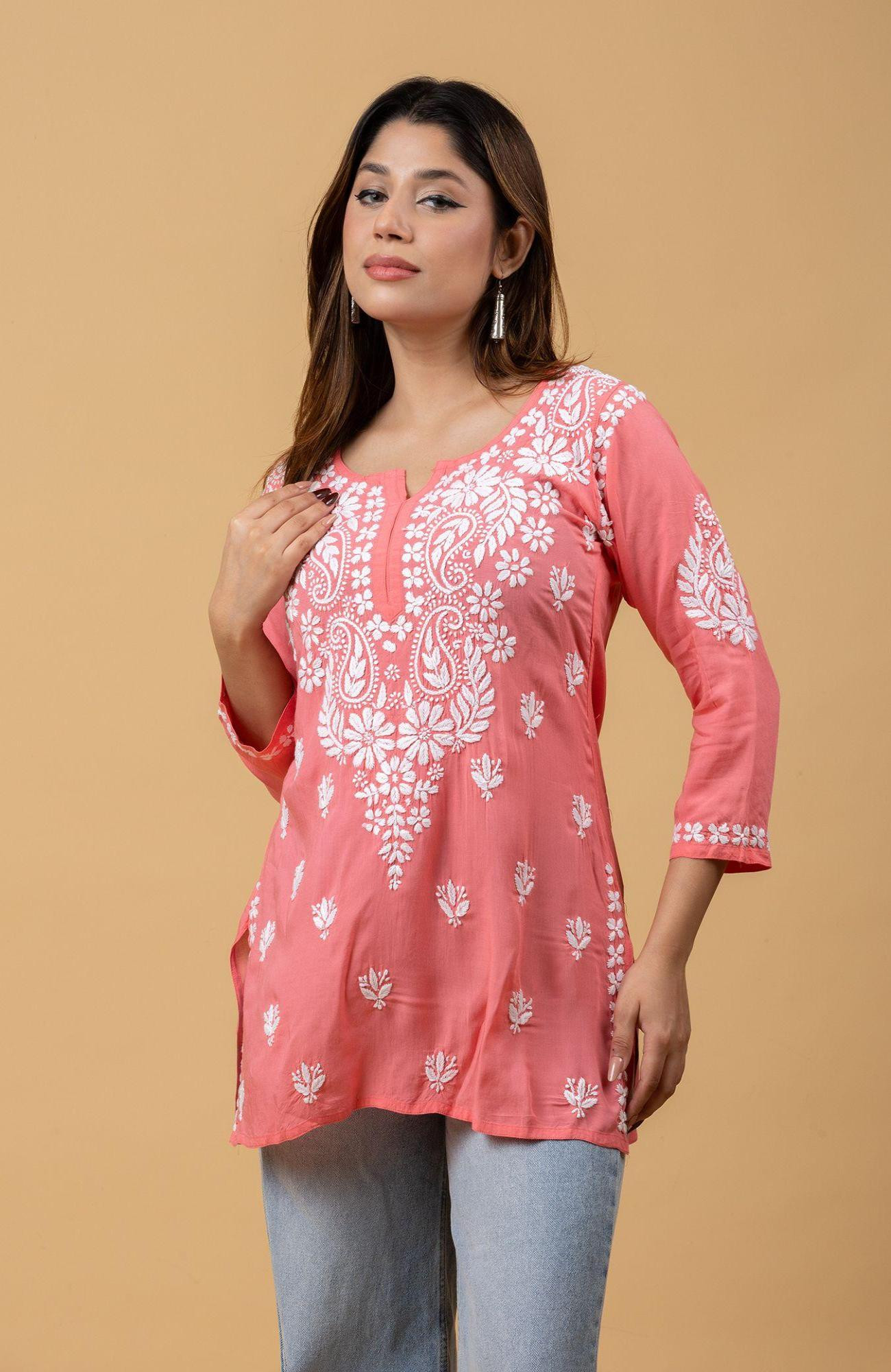Carrot Pink Modal Chikankari Short Top