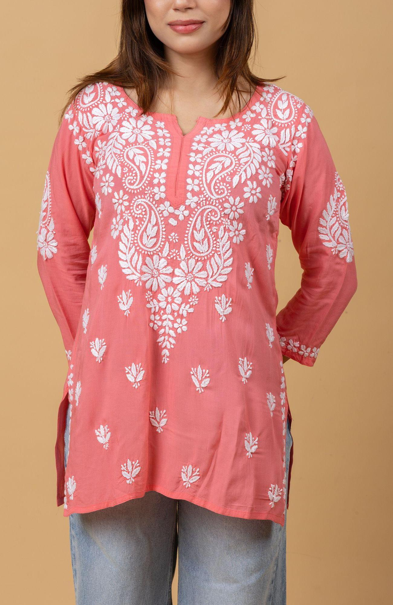 Carrot Pink Modal Chikankari Short Top