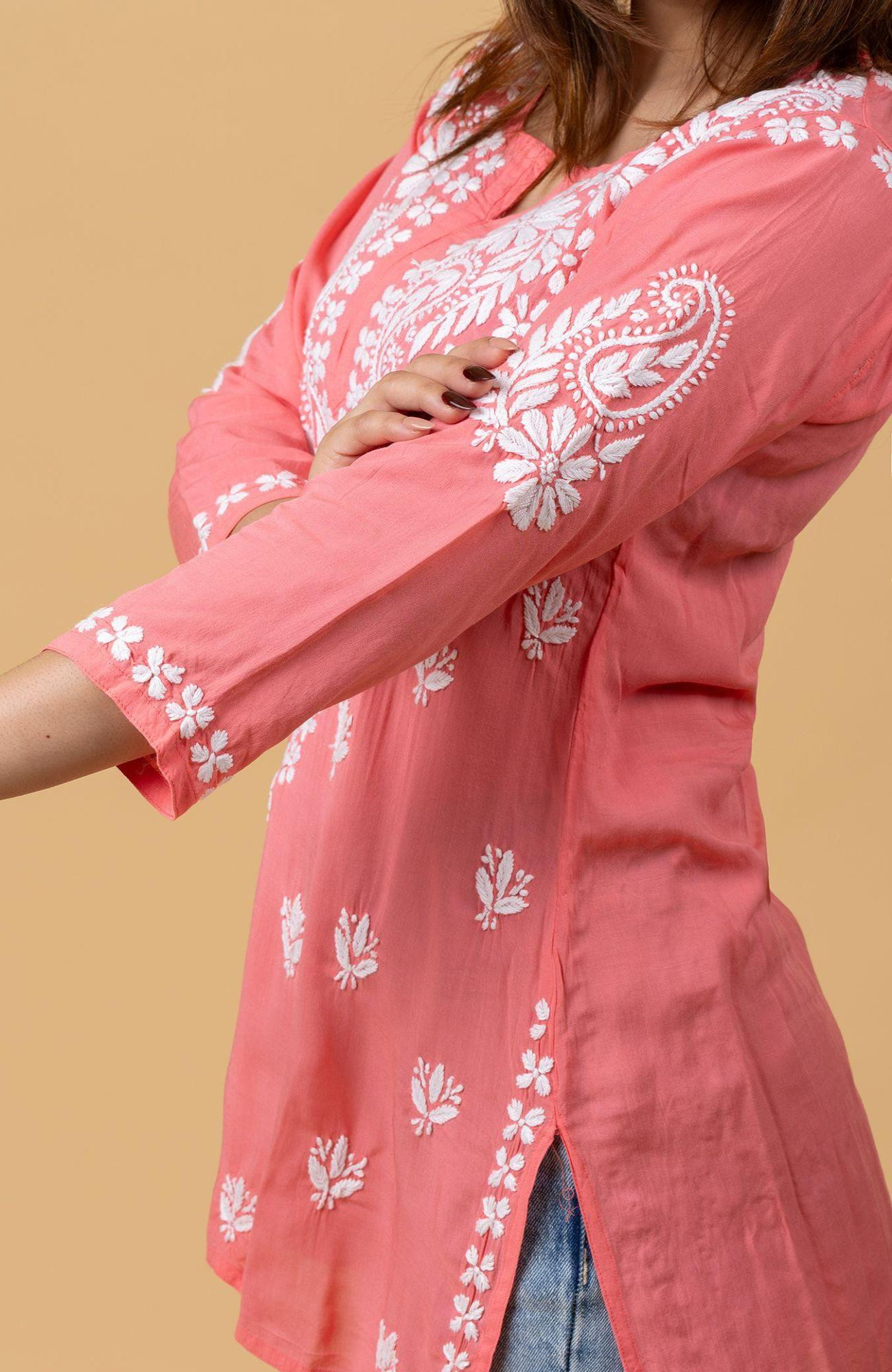 Carrot Pink Modal Chikankari Short Top