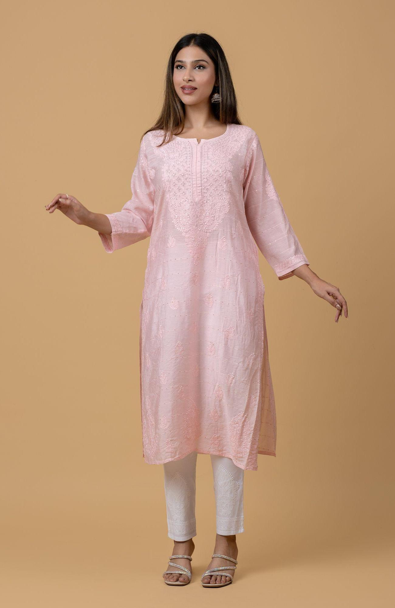 Pink Chanderi Sequence Chikankari Kurti