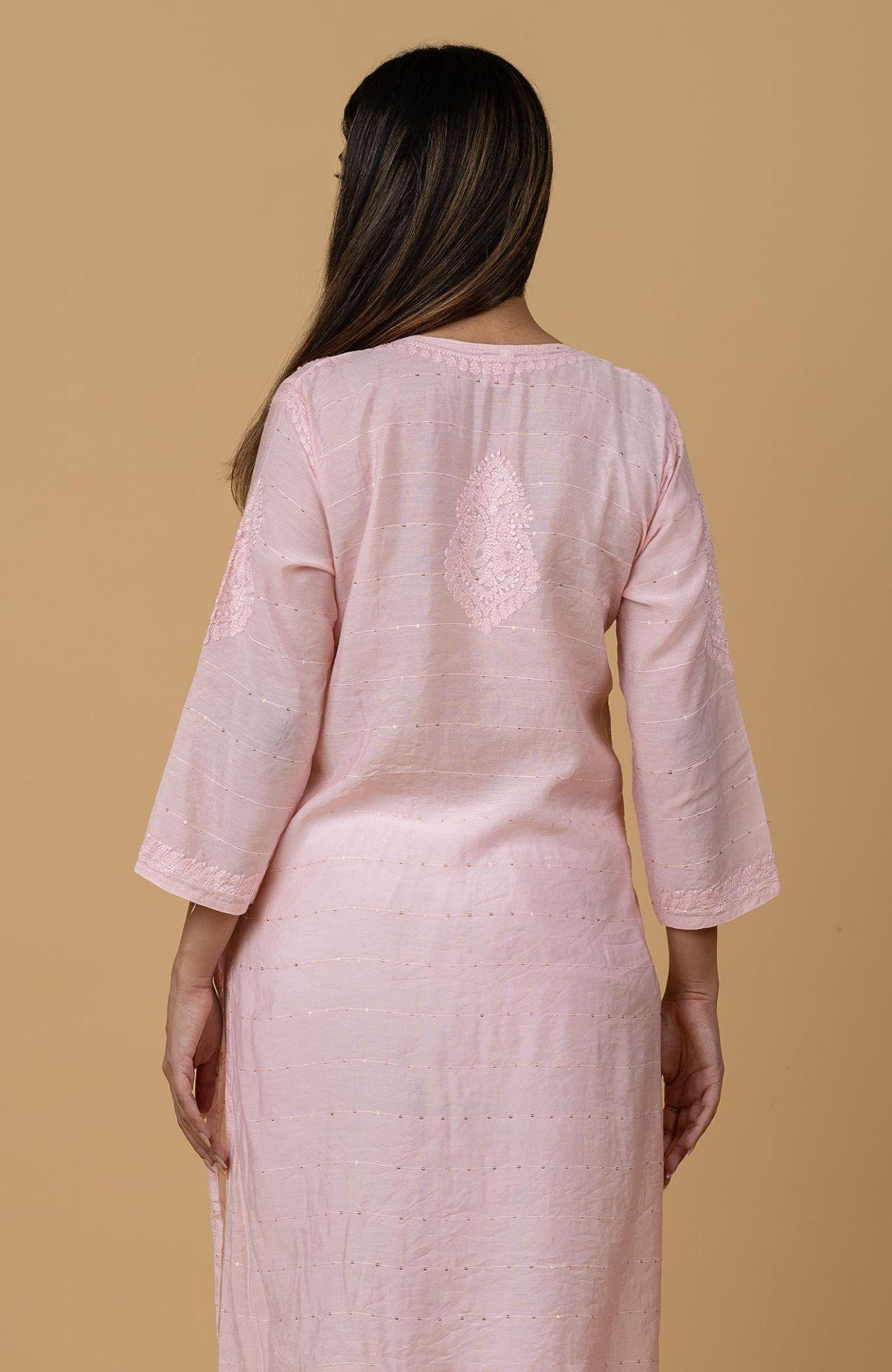 Pink Chanderi Sequence Chikankari Kurti