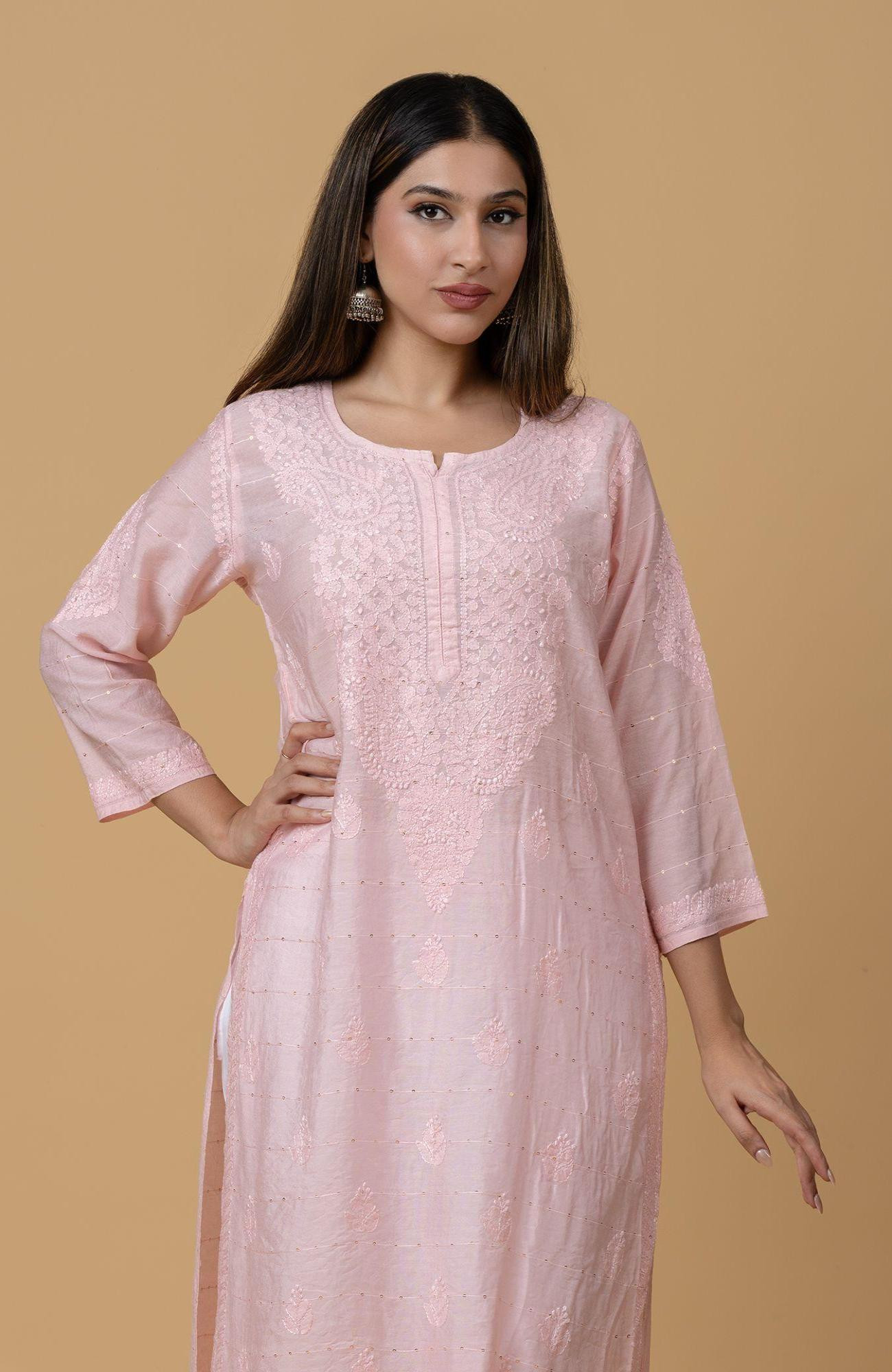 Pink Chanderi Sequence Chikankari Kurti