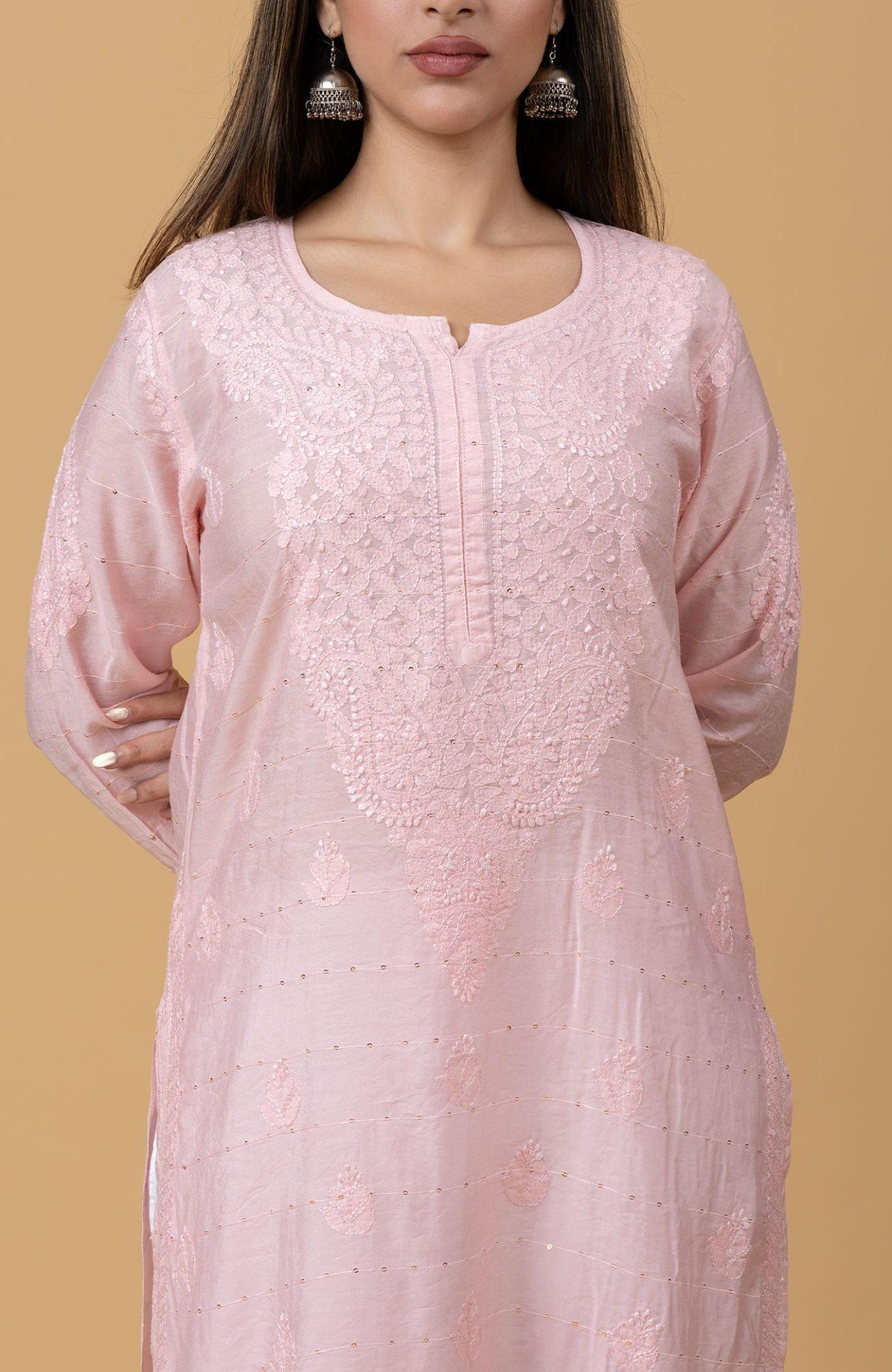 Pink Chanderi Sequence Chikankari Kurti