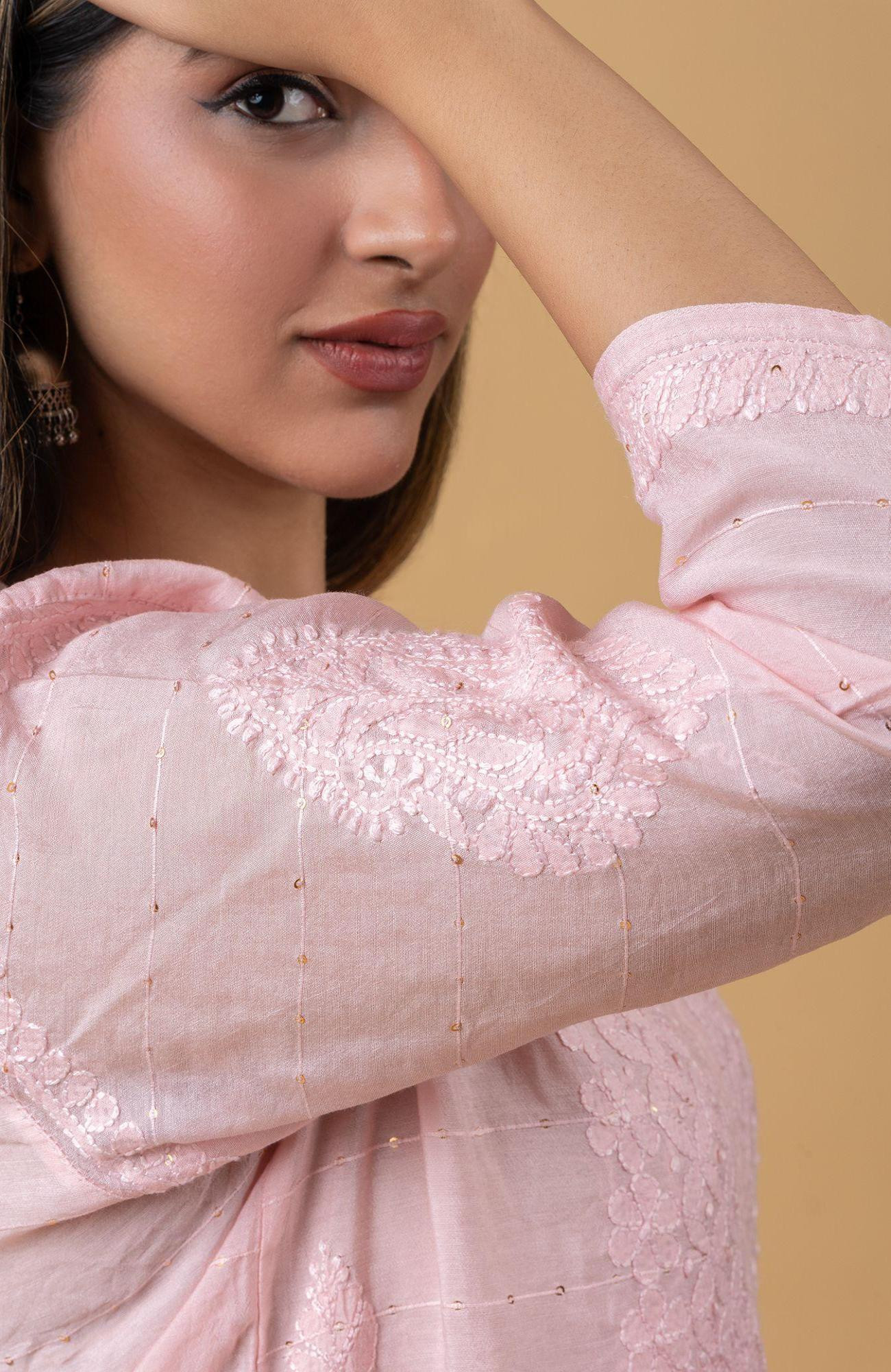 Pink Chanderi Sequence Chikankari Kurti