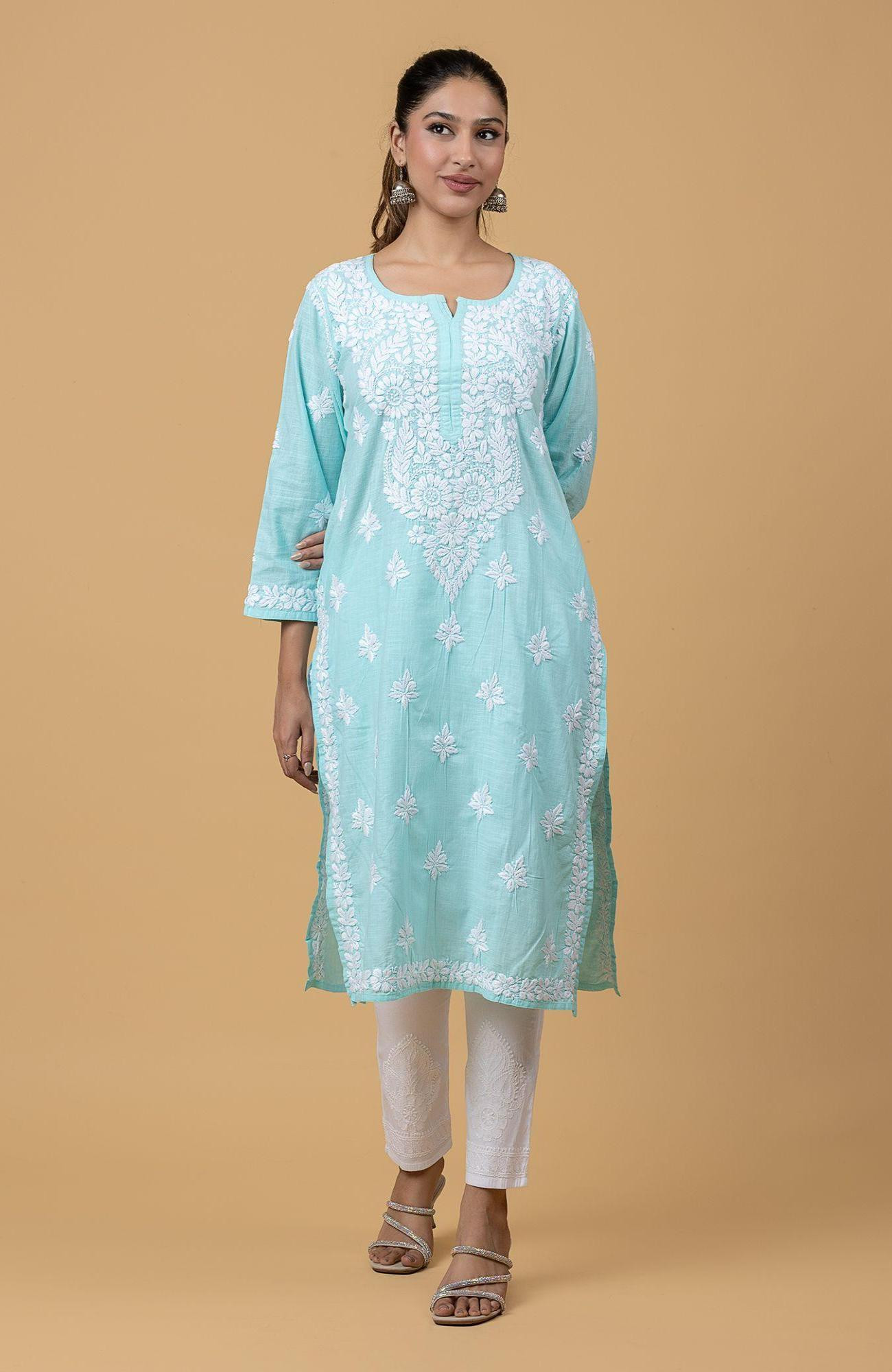 Sky Blue Khadi Cotton Chikankari Kurta
