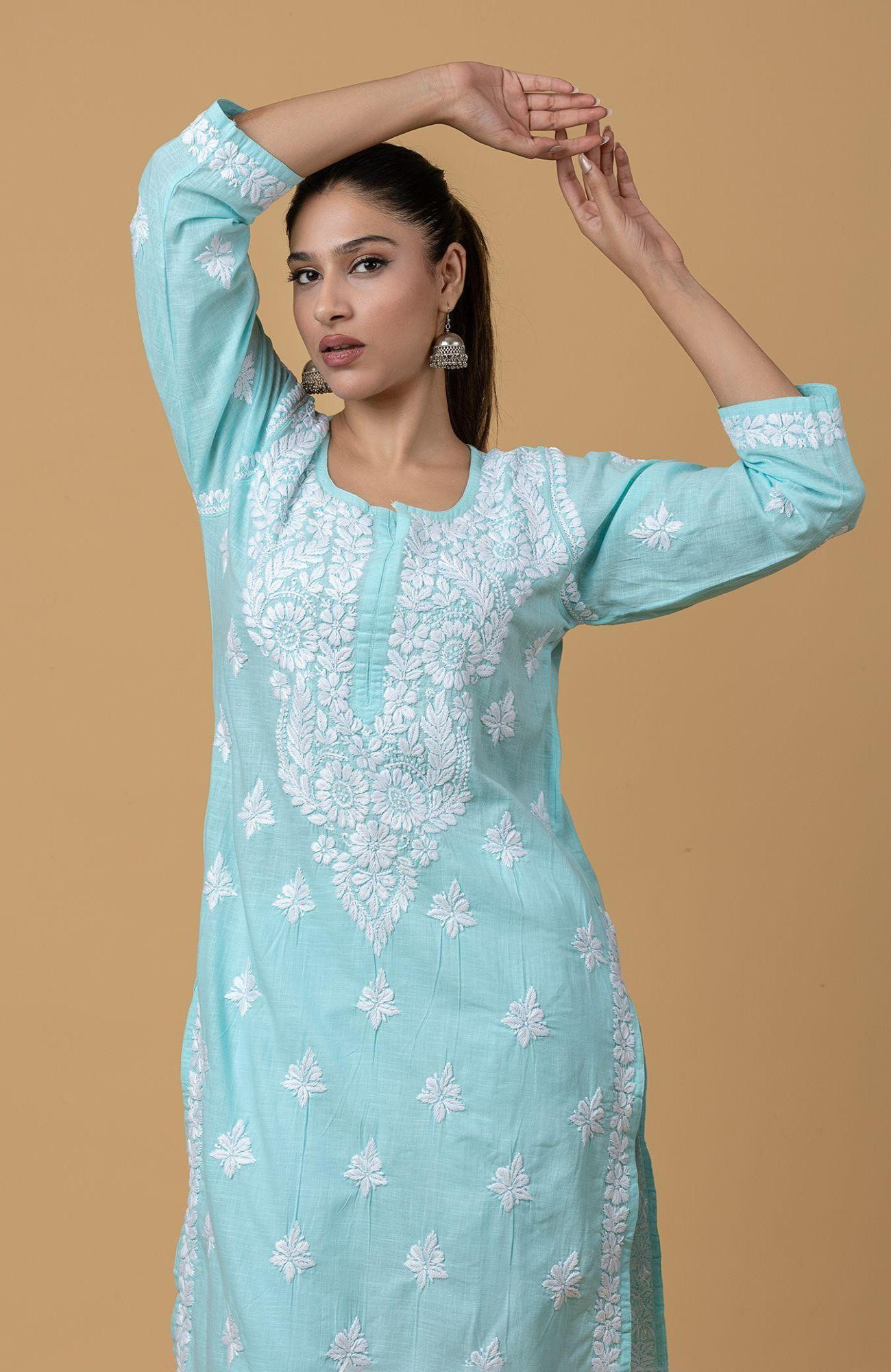 Sky Blue Khadi Cotton Chikankari Kurta