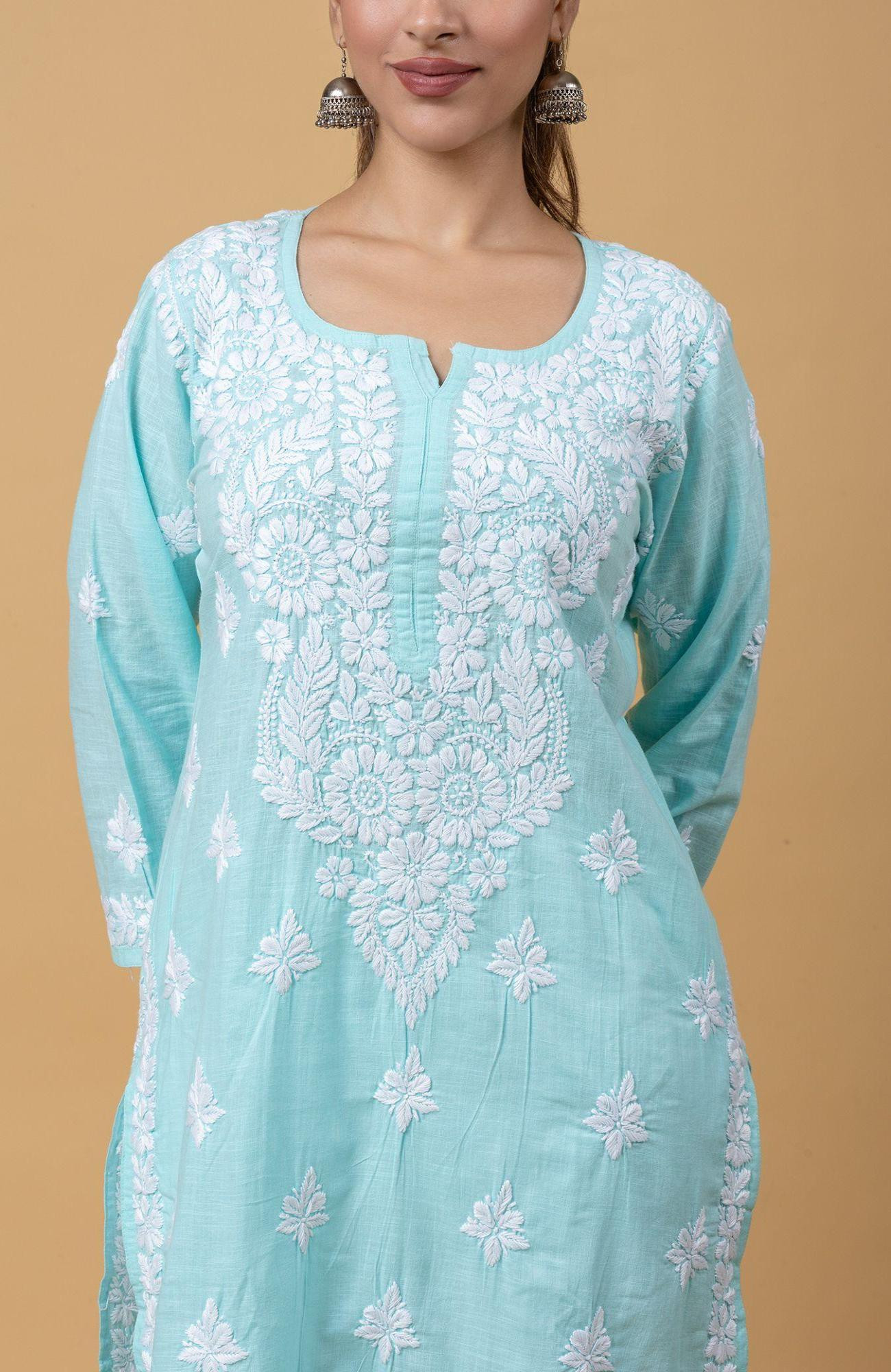 Sky Blue Khadi Cotton Chikankari Kurta