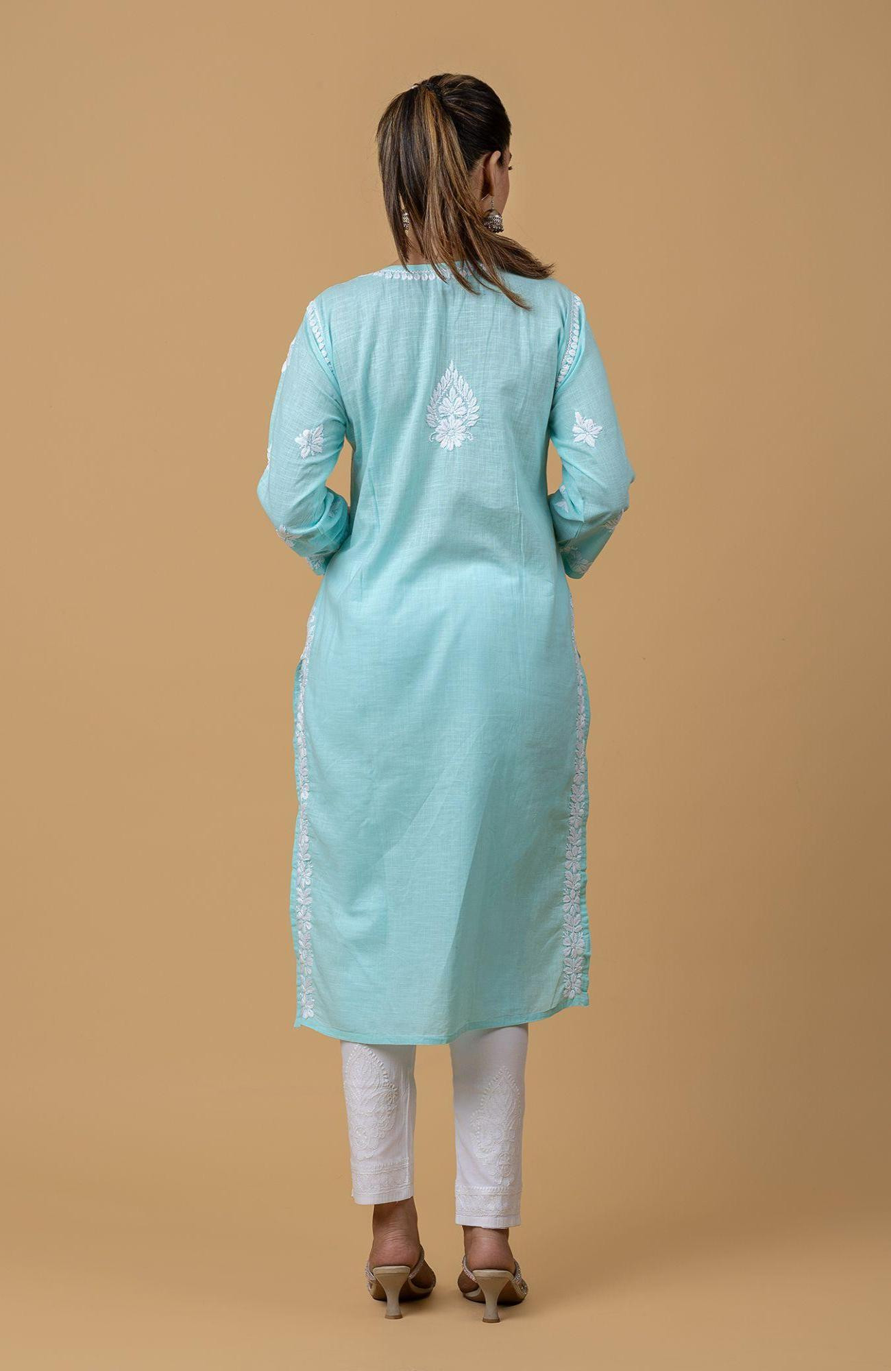 Sky Blue Khadi Cotton Chikankari Kurta