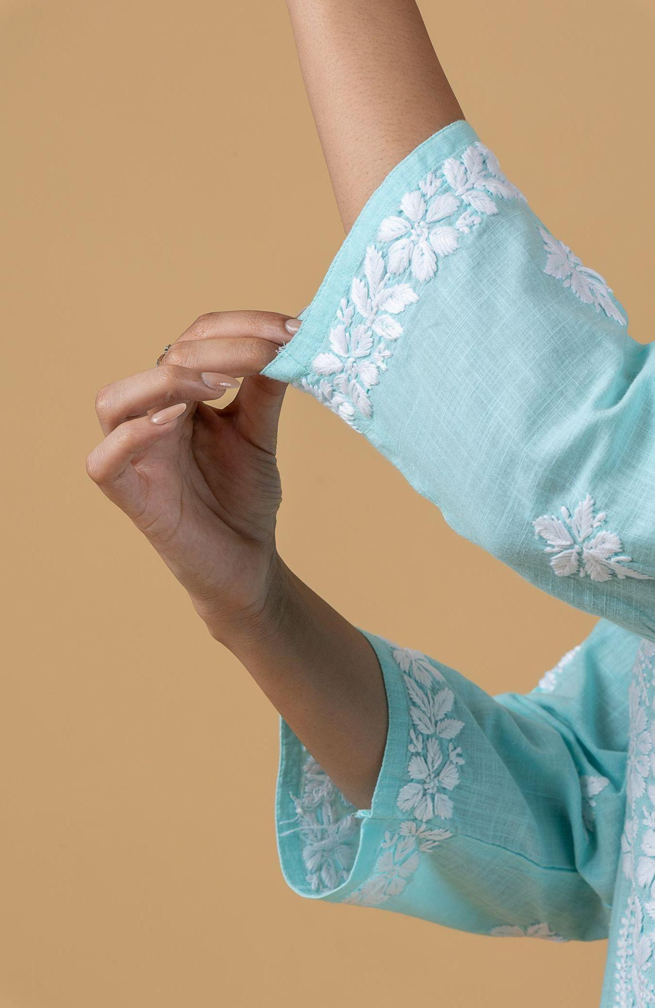 Sky Blue Khadi Cotton Chikankari Kurta