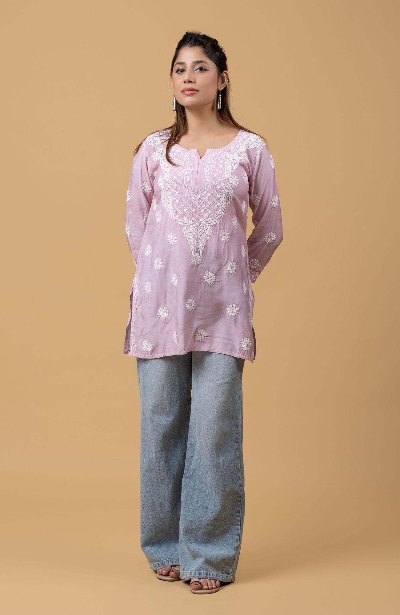 Purple Muslin Chikankari Short Top