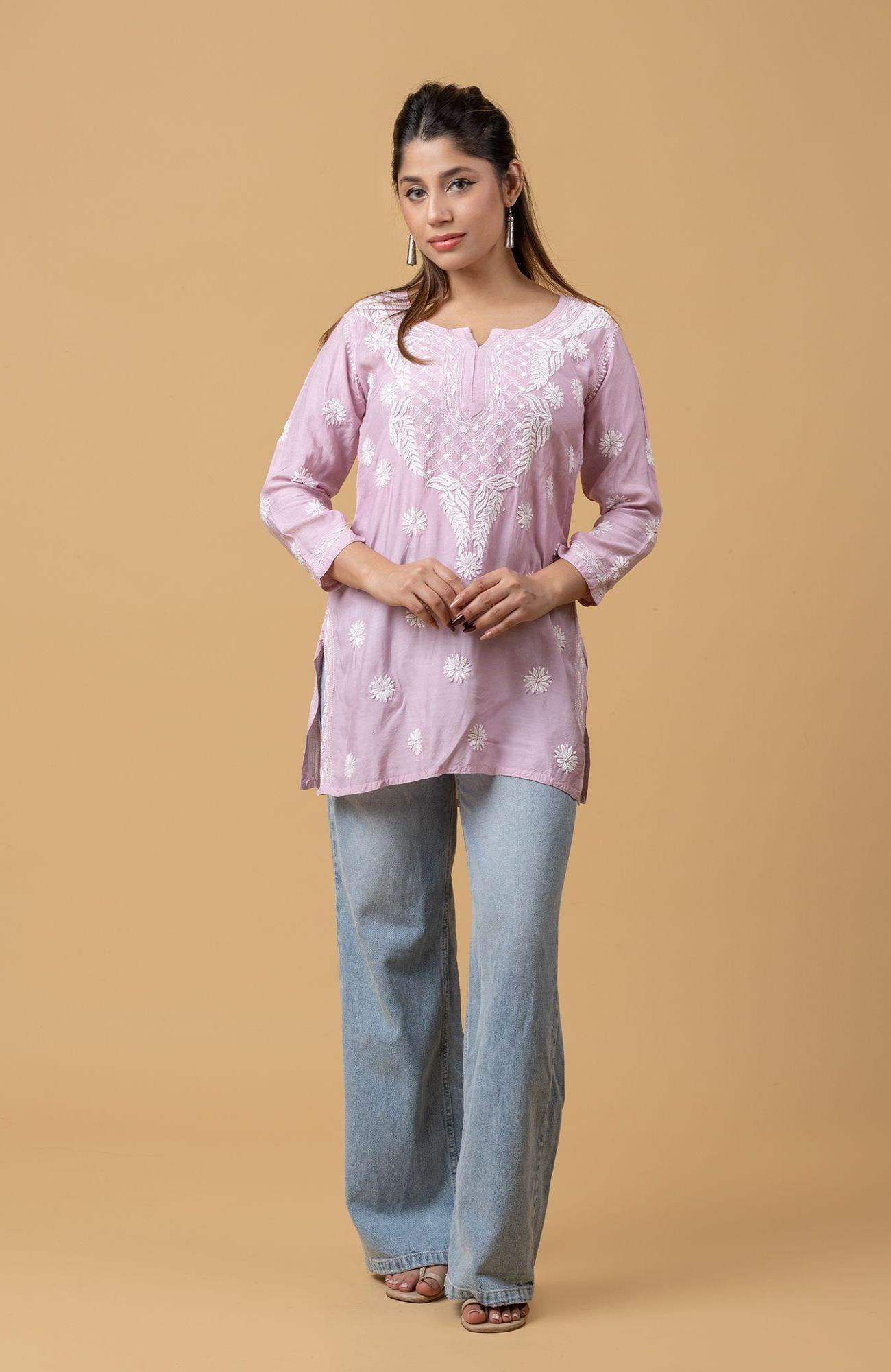 Purple Muslin Chikankari Short Top