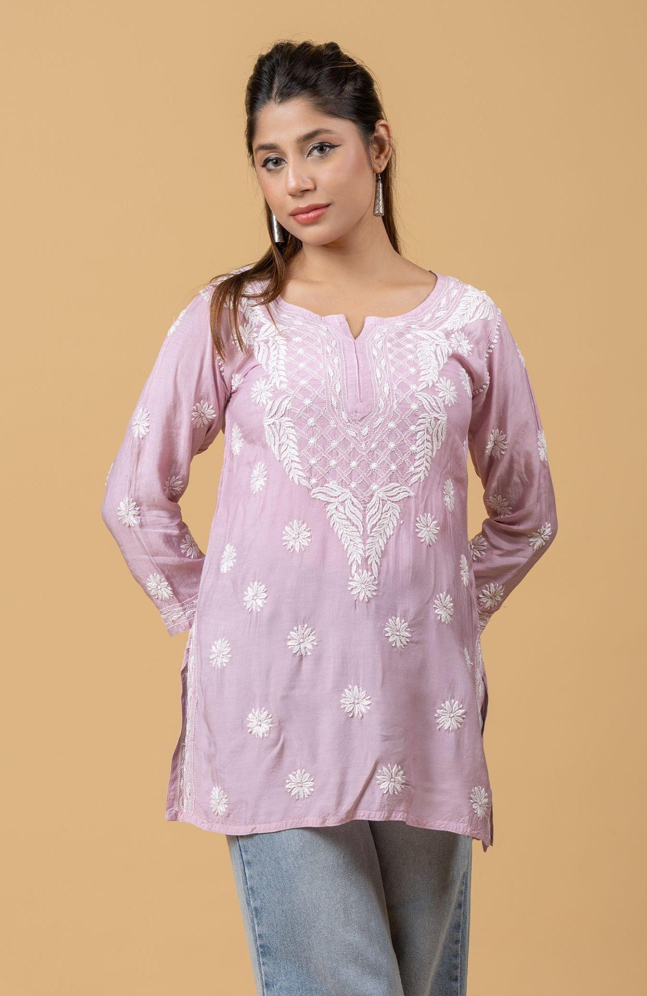 Purple Muslin Chikankari Short Top
