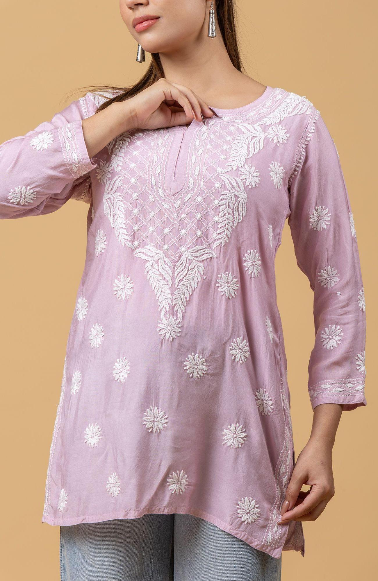 Purple Muslin Chikankari Short Top