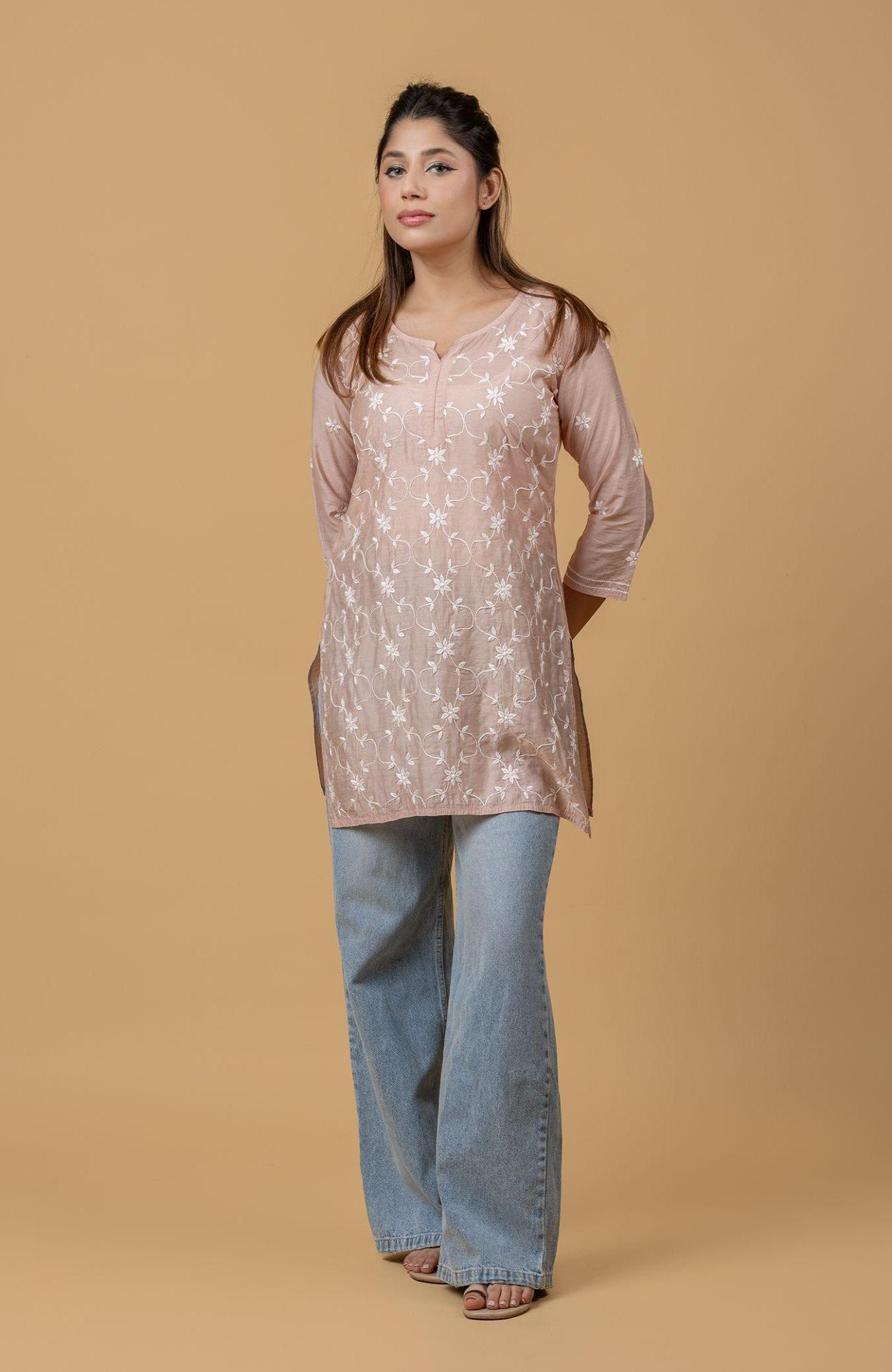 Brown Chanderi Chikankari Short Top