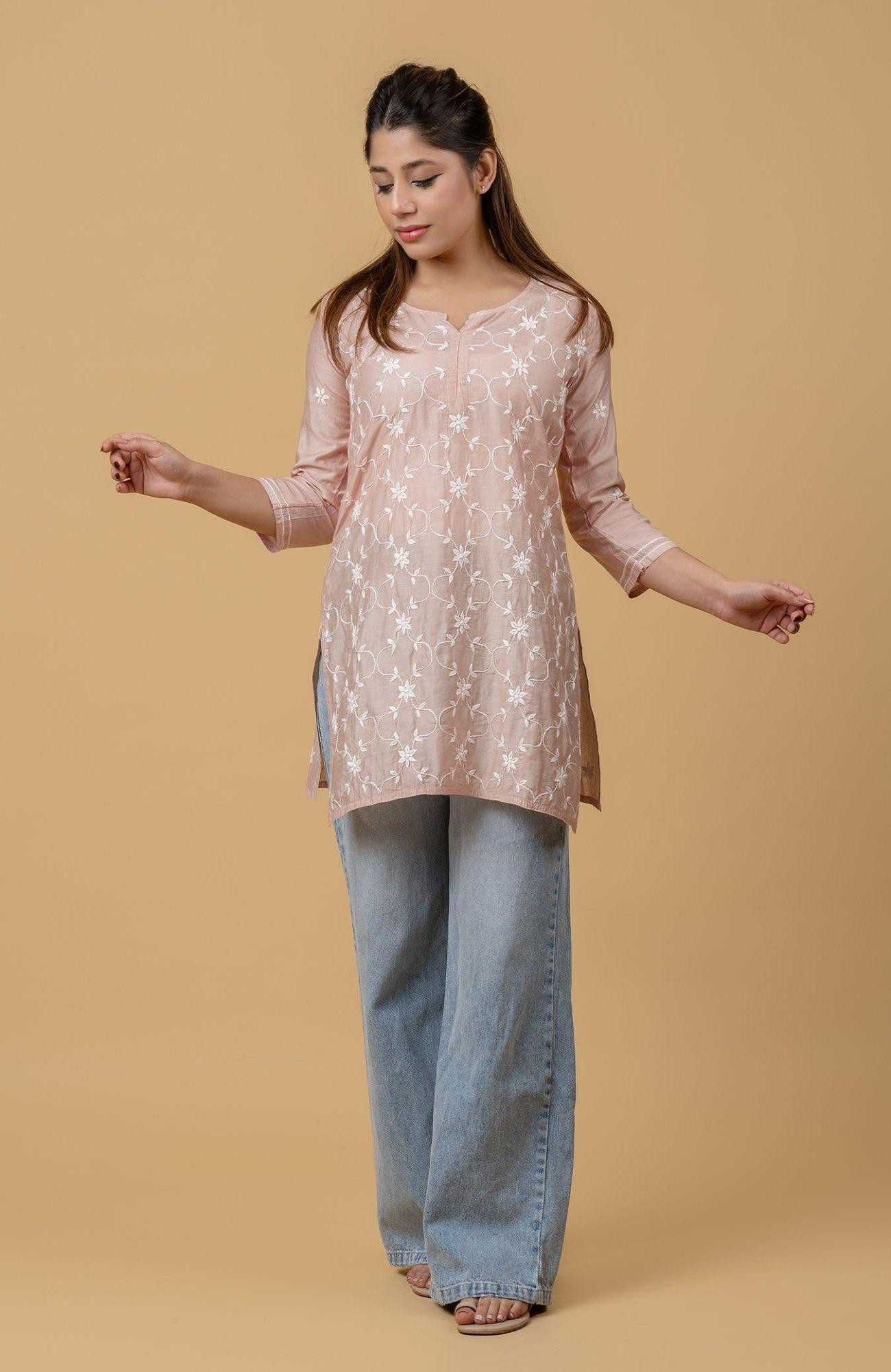 Brown Chanderi Chikankari Short Top