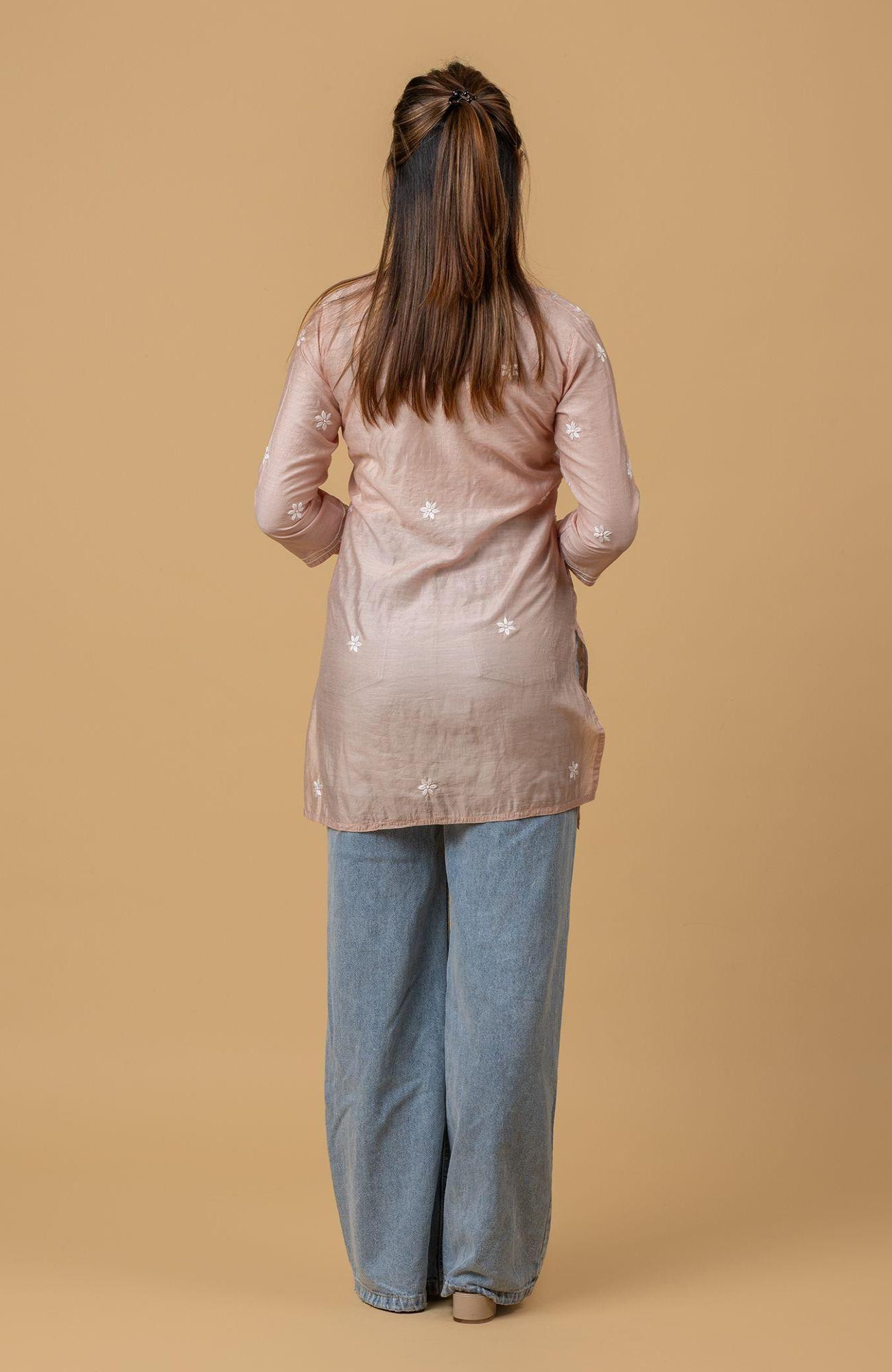 Brown Chanderi Chikankari Short Top
