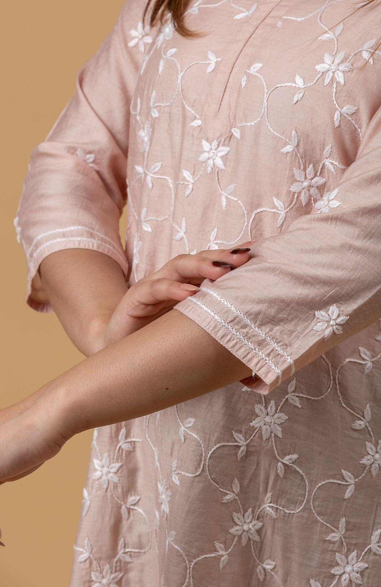 Brown Chanderi Chikankari Short Top