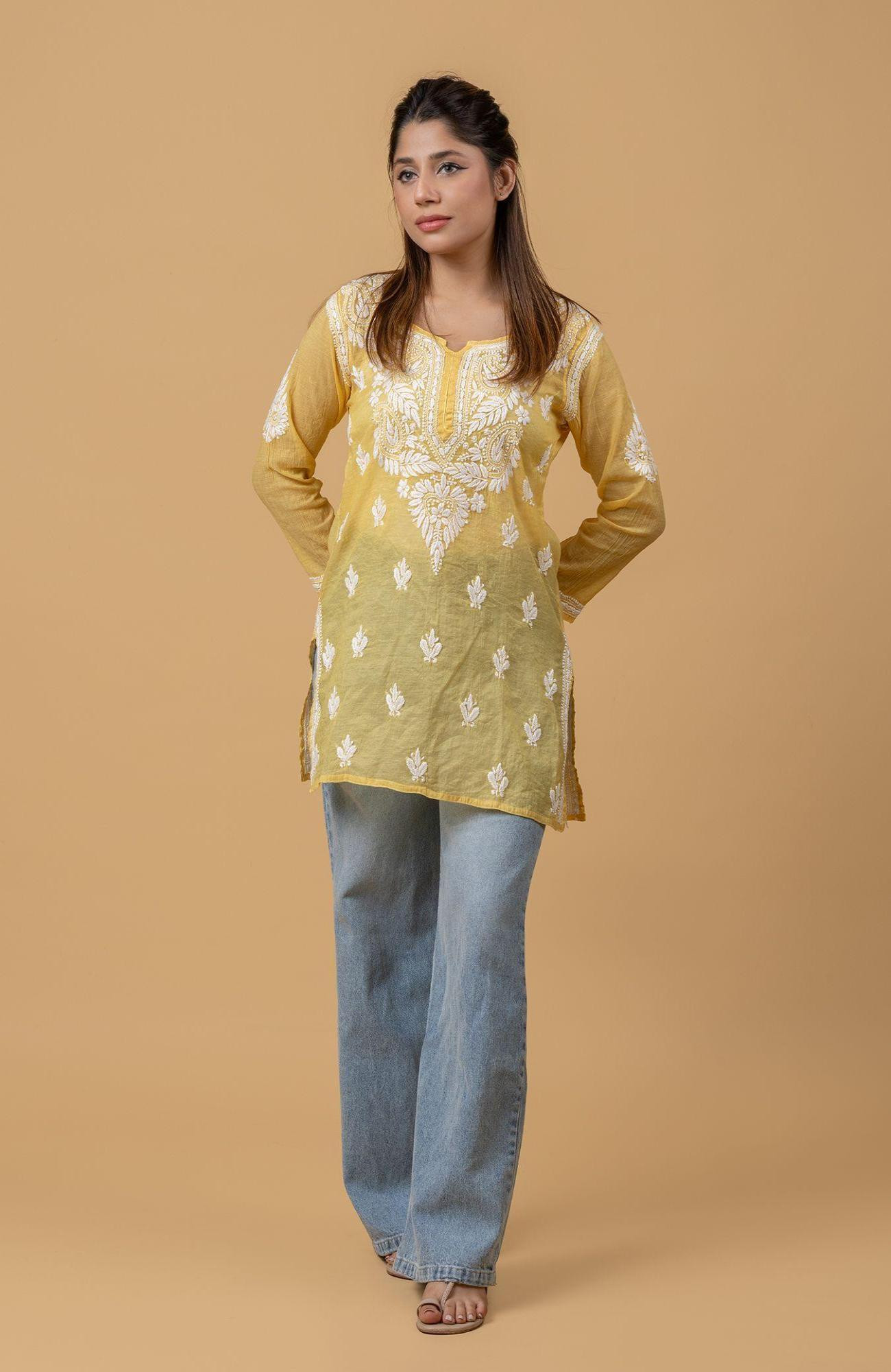 Yellow Mul Chanderi Chikankari Short Top