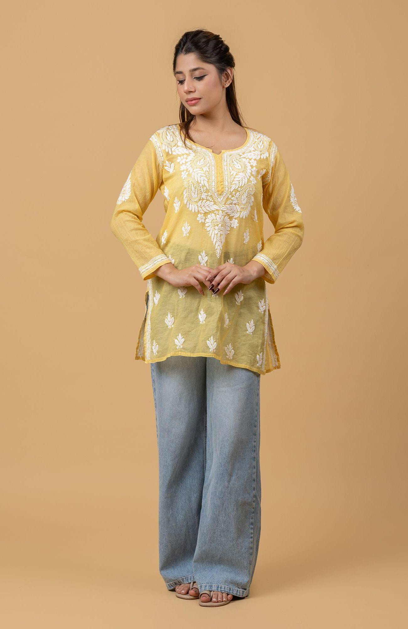 Yellow Mul Chanderi Chikankari Short Top