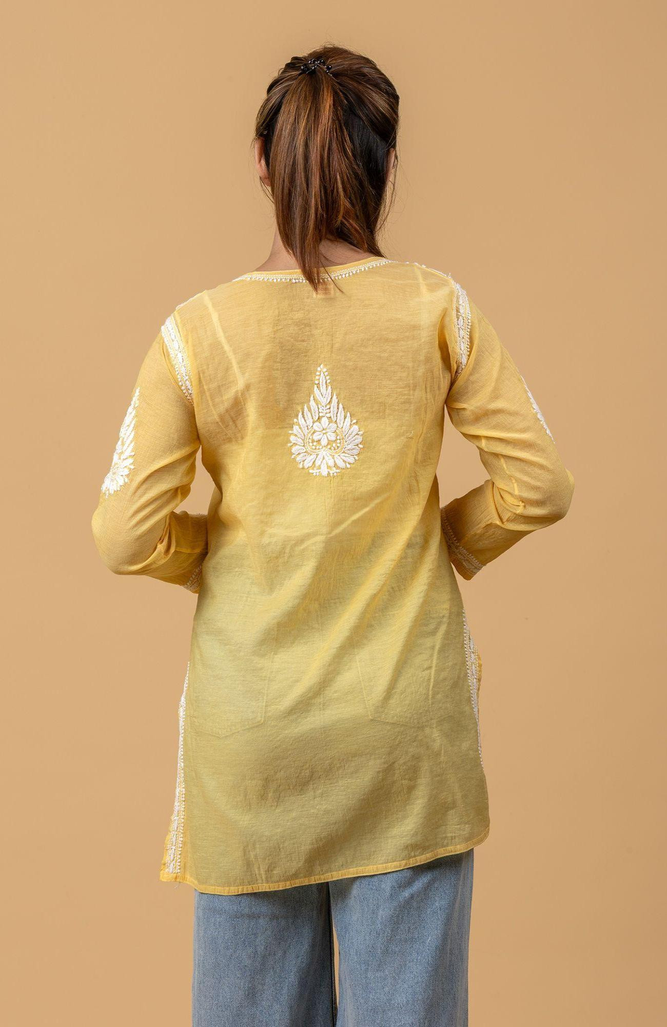 Yellow Mul Chanderi Chikankari Short Top