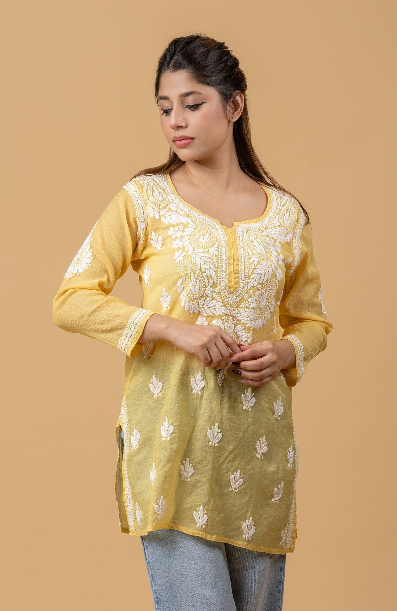 Yellow Mul Chanderi Chikankari Short Top