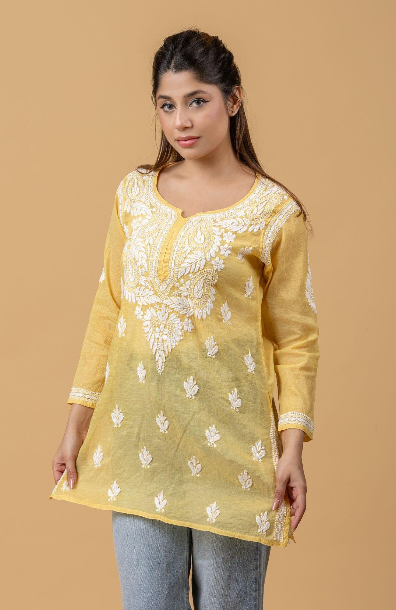 Yellow Mul Chanderi Chikankari Short Top
