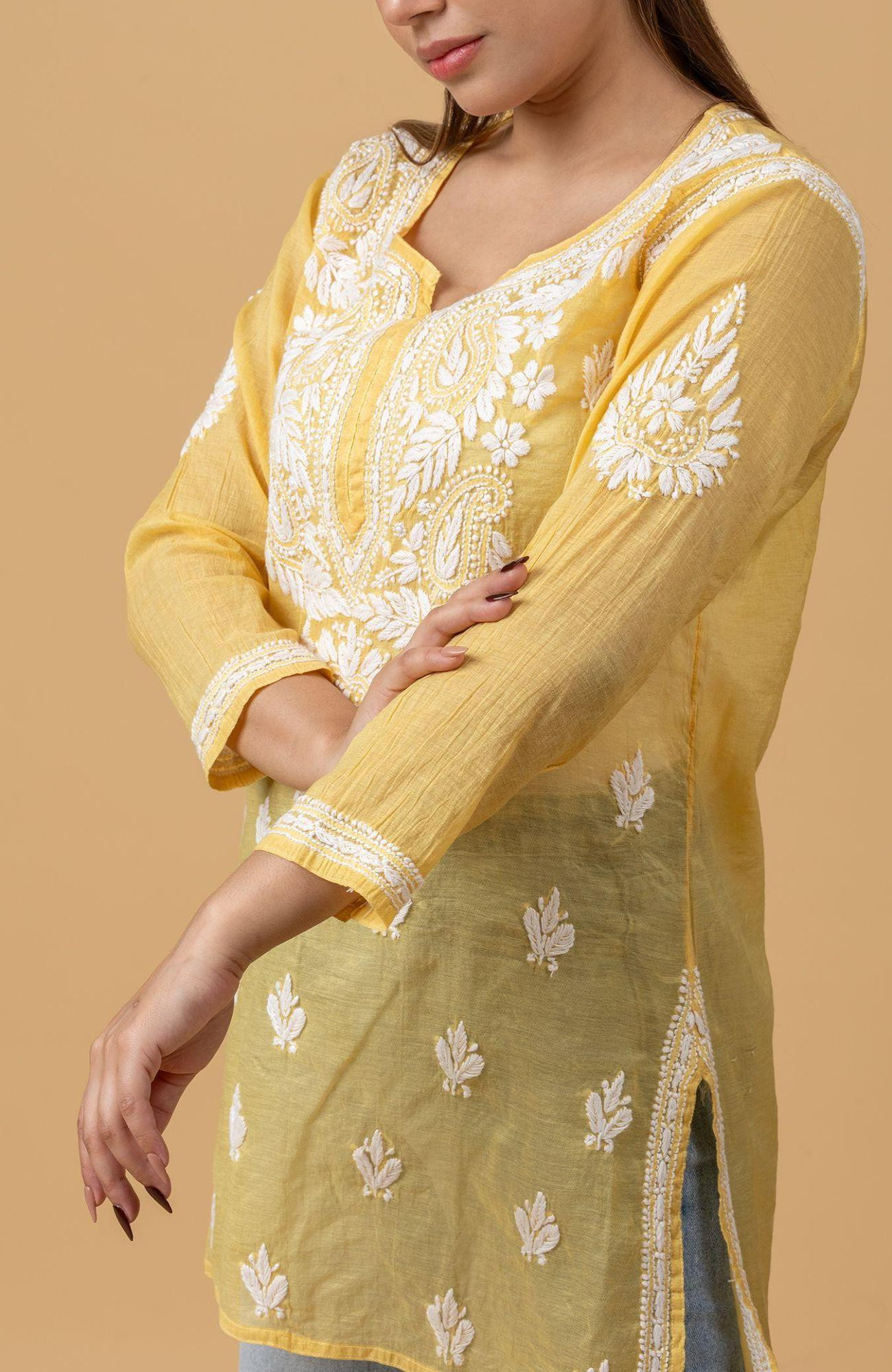 Yellow Mul Chanderi Chikankari Short Top