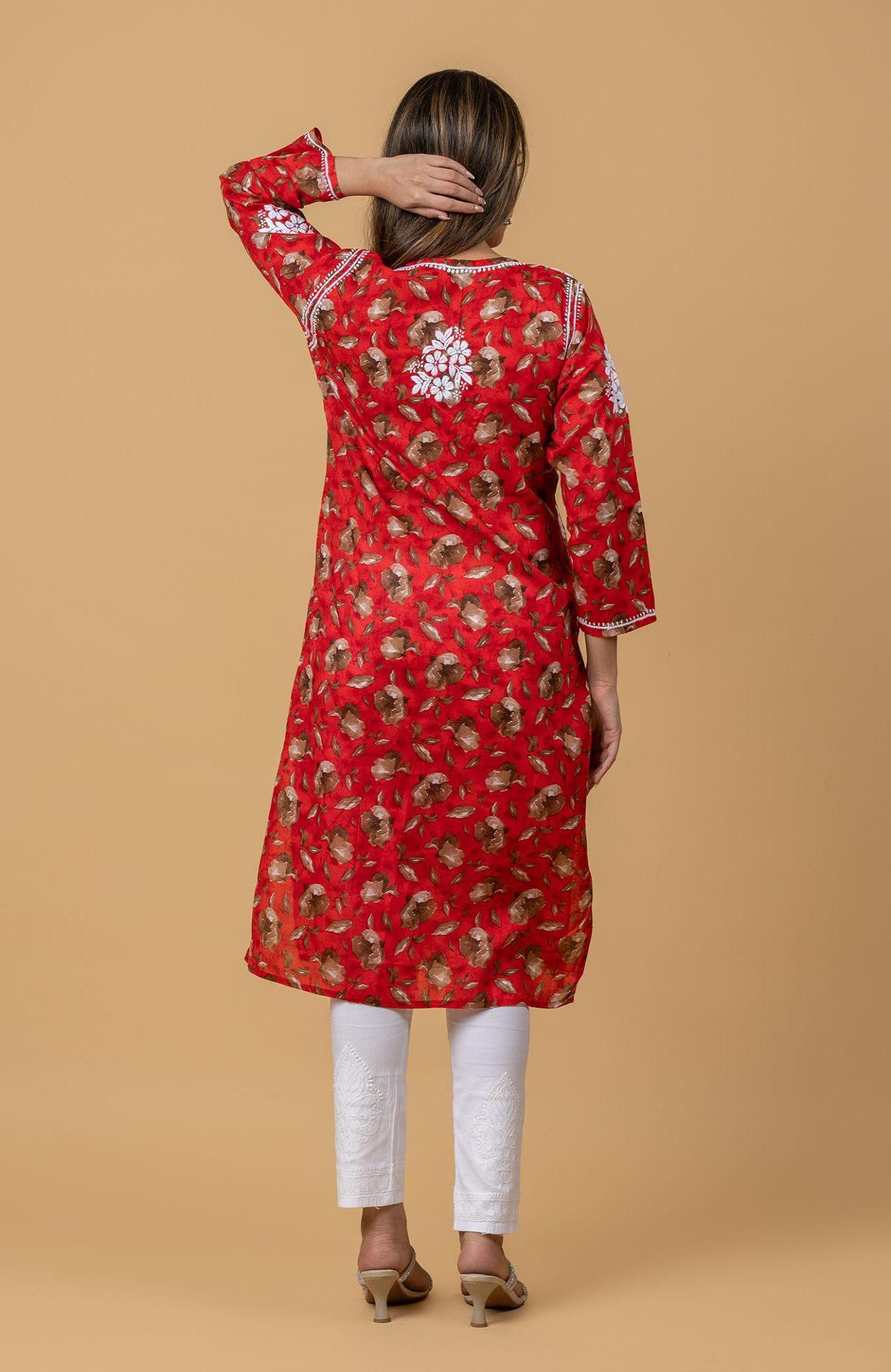 Red Print Mul Cotton Chikankari Kurta