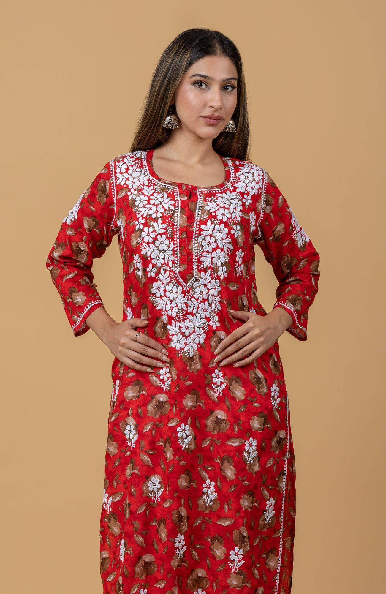Red Print Mul Cotton Chikankari Kurta