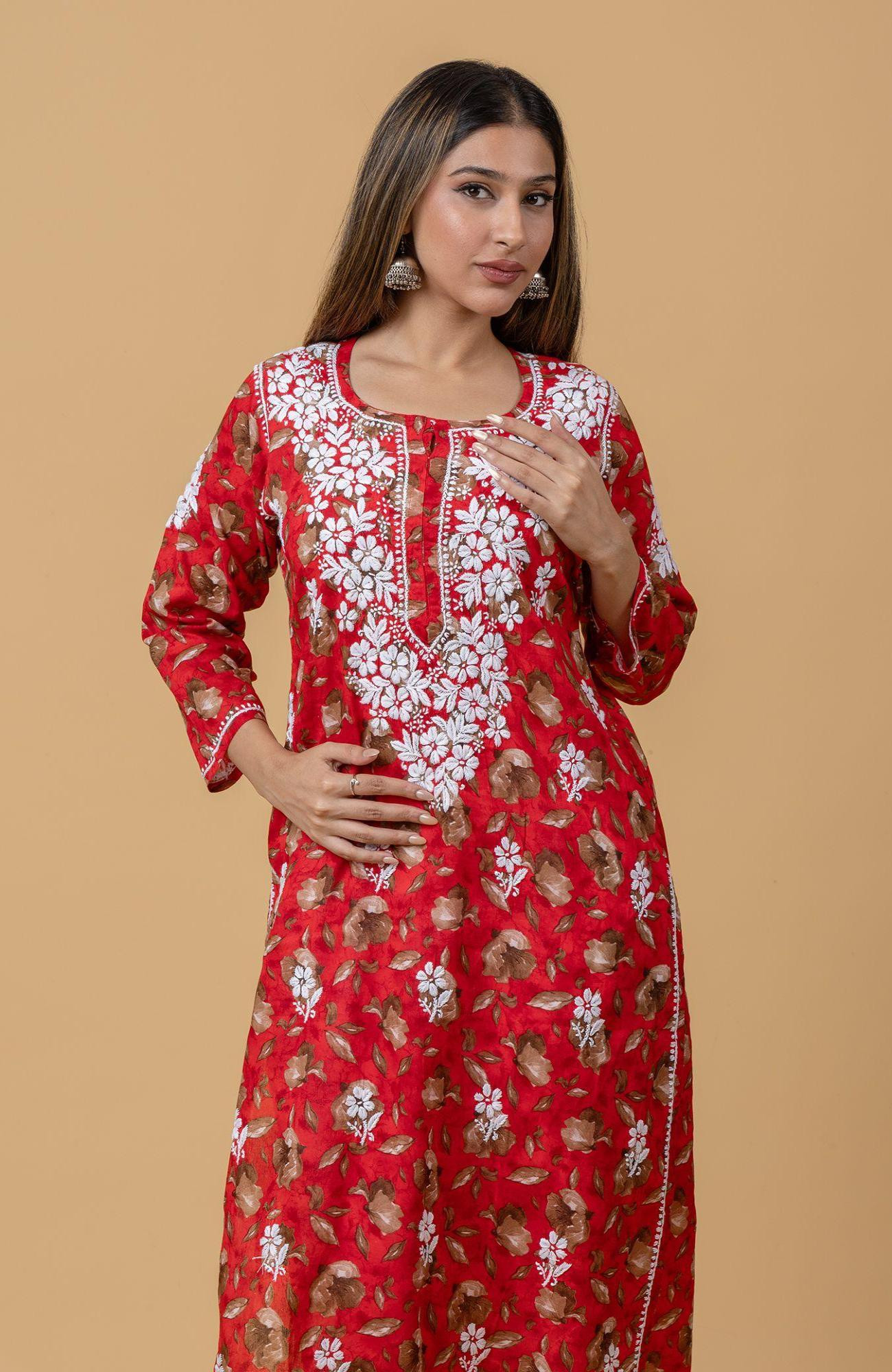 Red Print Mul Cotton Chikankari Kurta