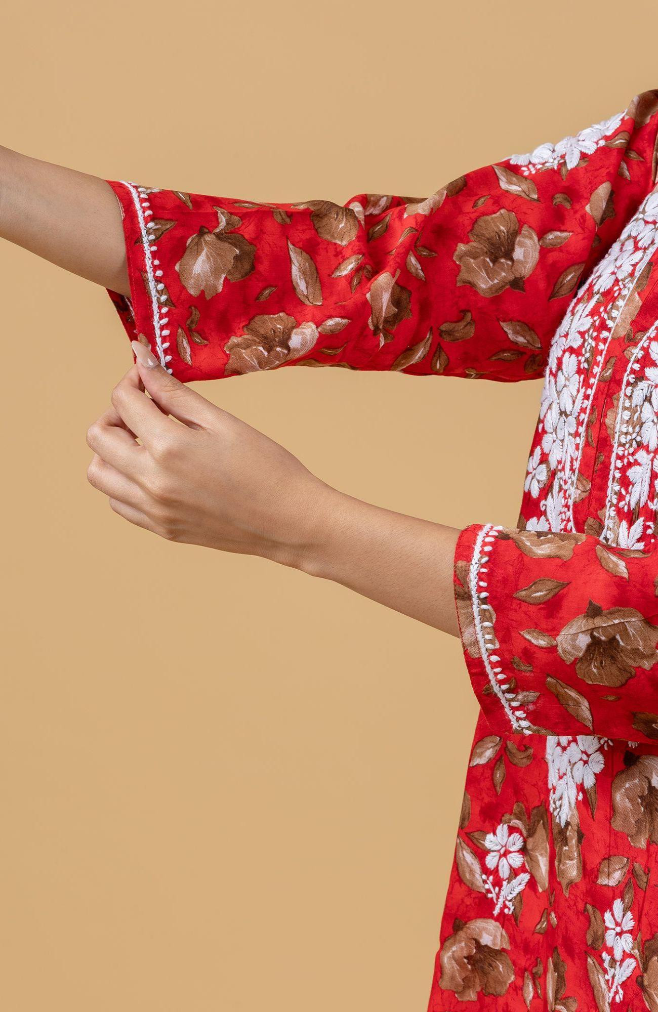 Red Print Mul Cotton Chikankari Kurta