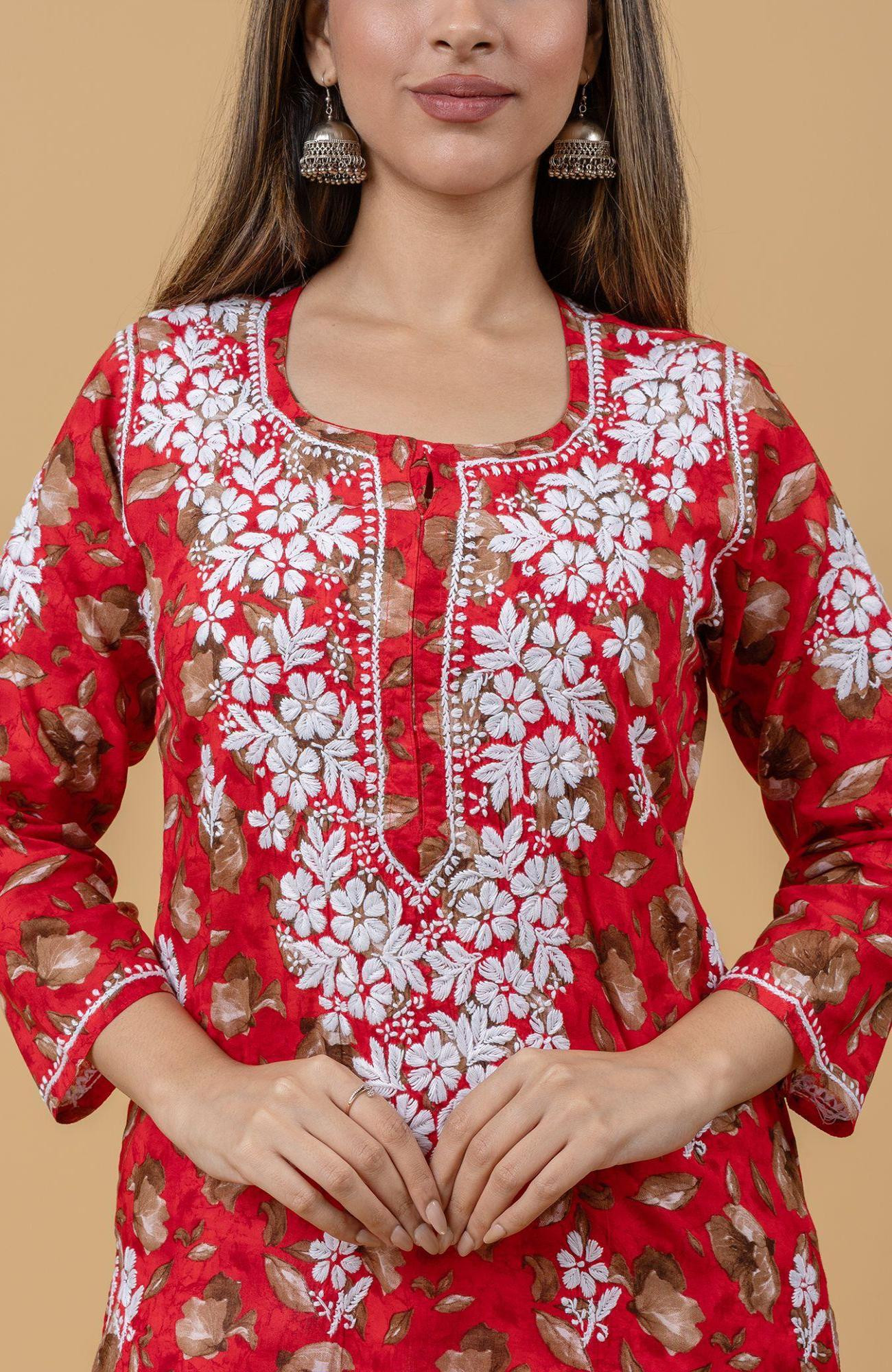 Red Print Mul Cotton Chikankari Kurta