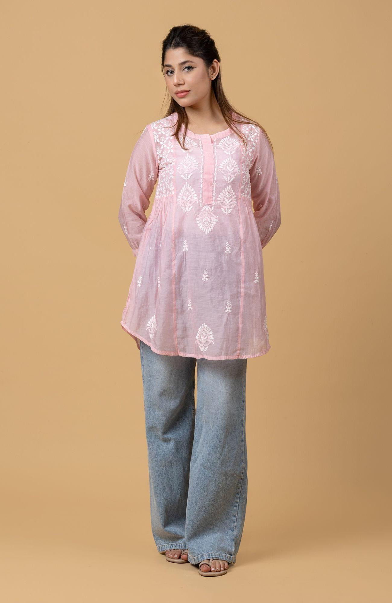 Peach Pink Muslin Chikankari Short Top