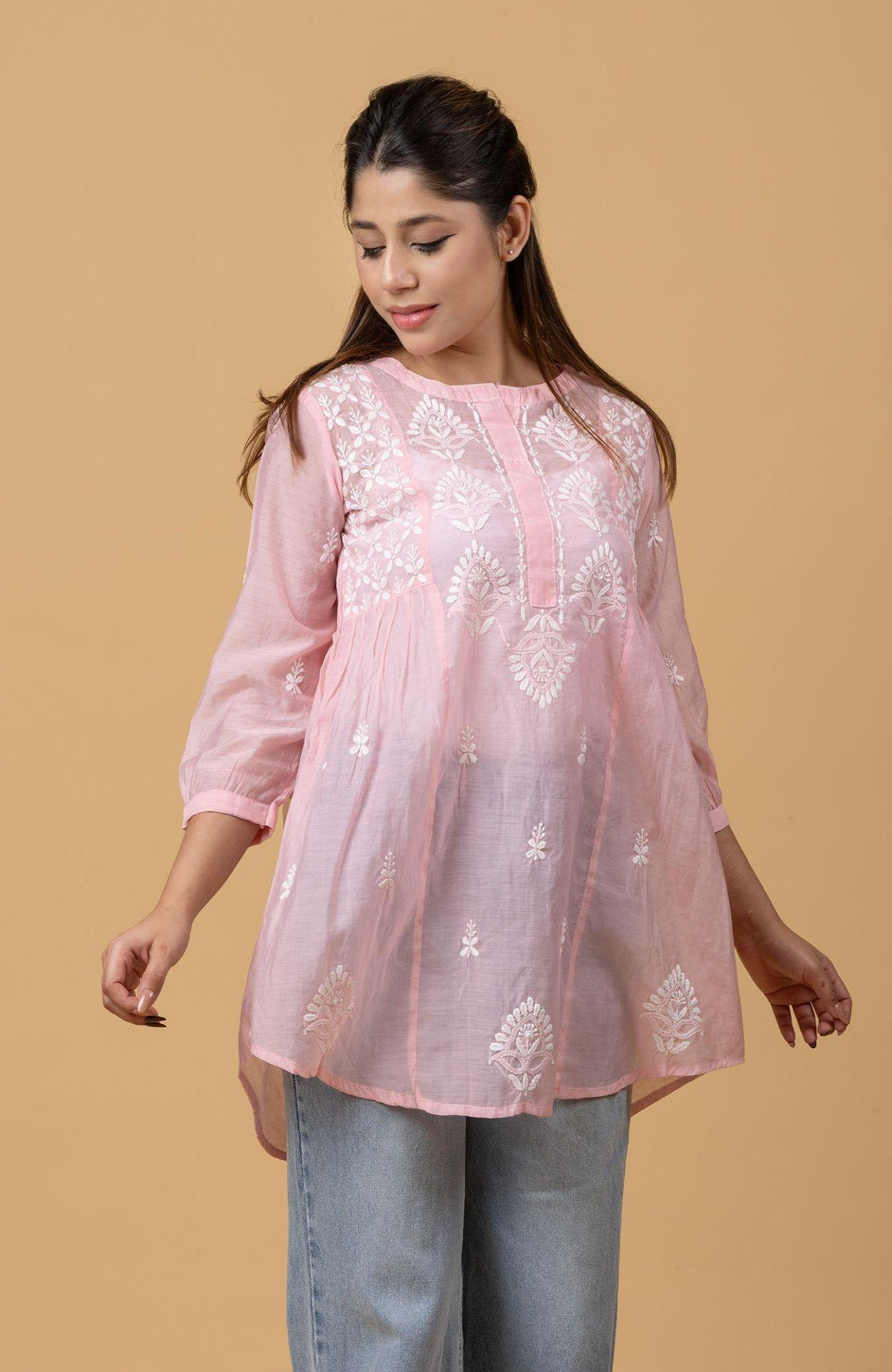 Peach Pink Muslin Chikankari Short Top