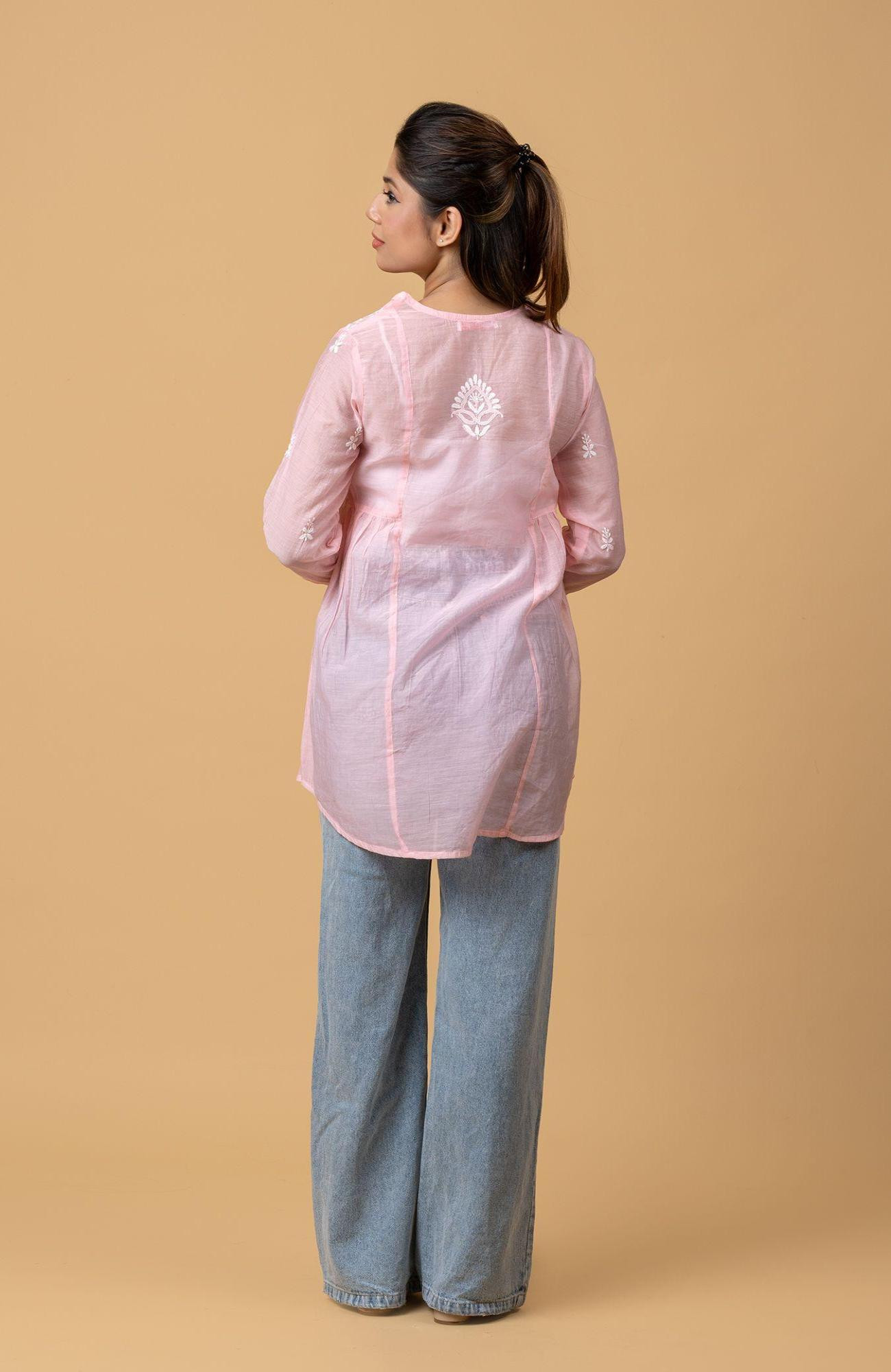Peach Pink Muslin Chikankari Short Top