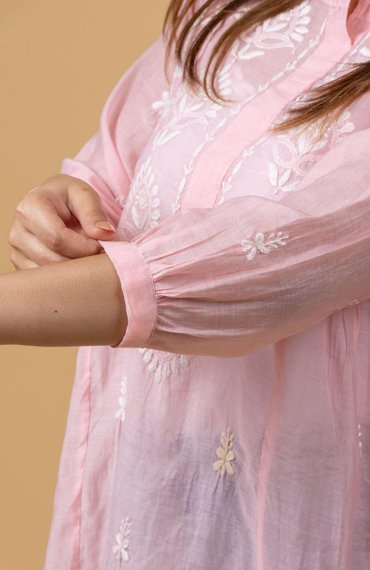 Peach Pink Muslin Chikankari Short Top