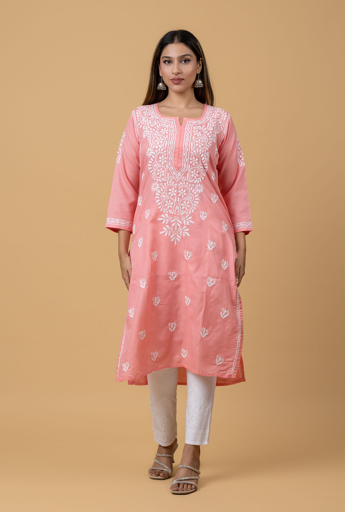 Carrot Pink Slub Cotton Chikankari Kurta