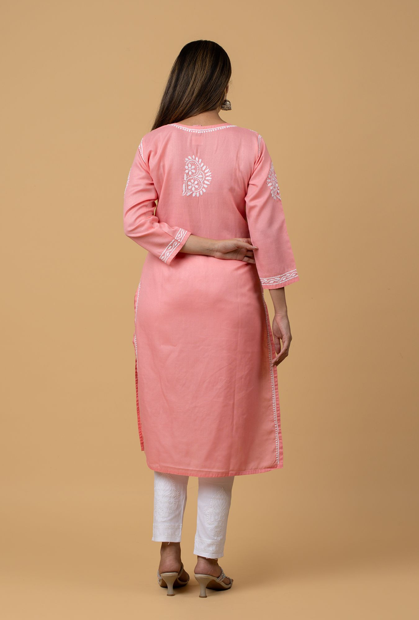 Carrot Pink Slub Cotton Chikankari Kurta