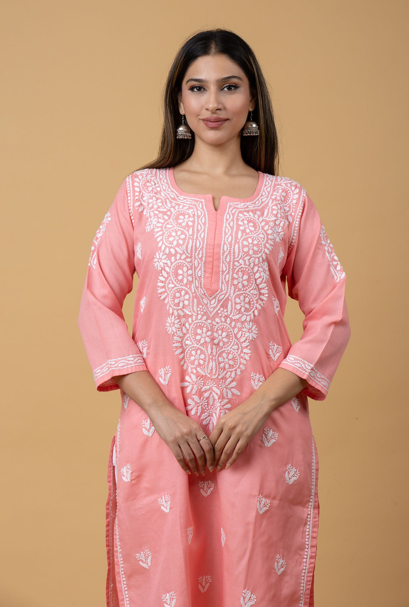 Carrot Pink Slub Cotton Chikankari Kurta