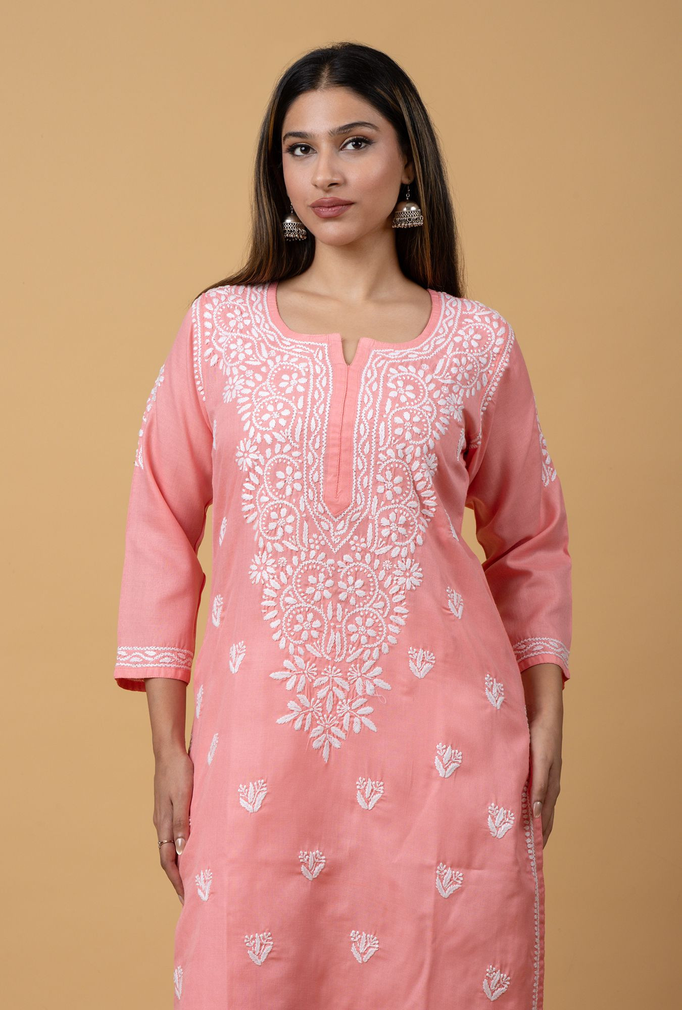 Carrot Pink Slub Cotton Chikankari Kurta