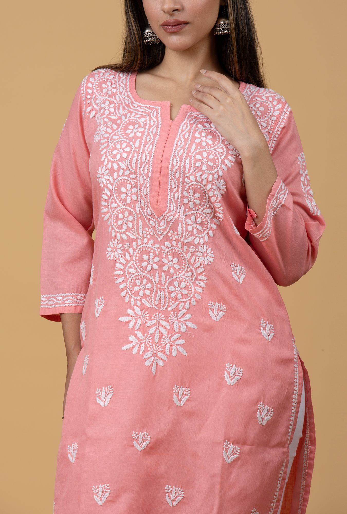 Carrot Pink Slub Cotton Chikankari Kurta