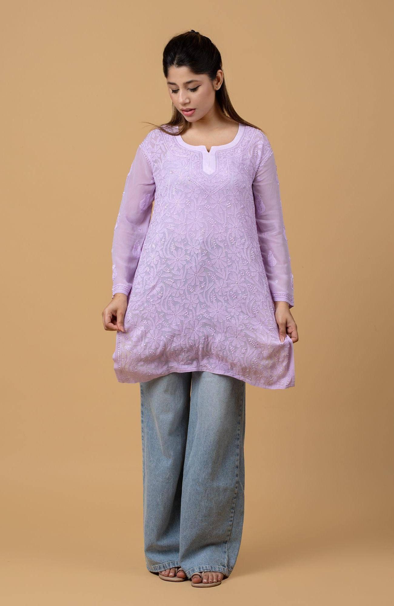 Lavender Pure Georgette Chikankari Short Top