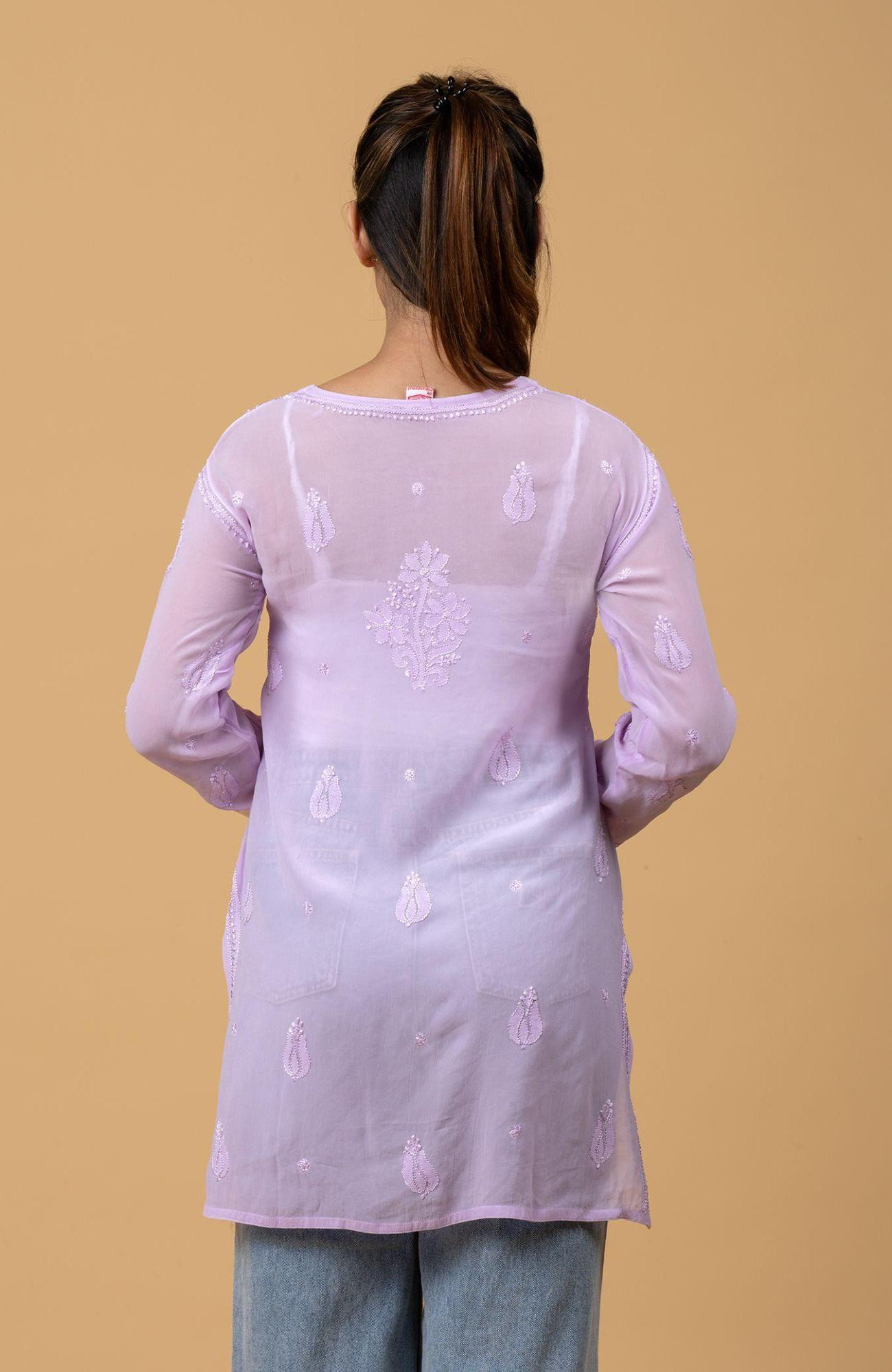 Lavender Pure Georgette Chikankari Short Top