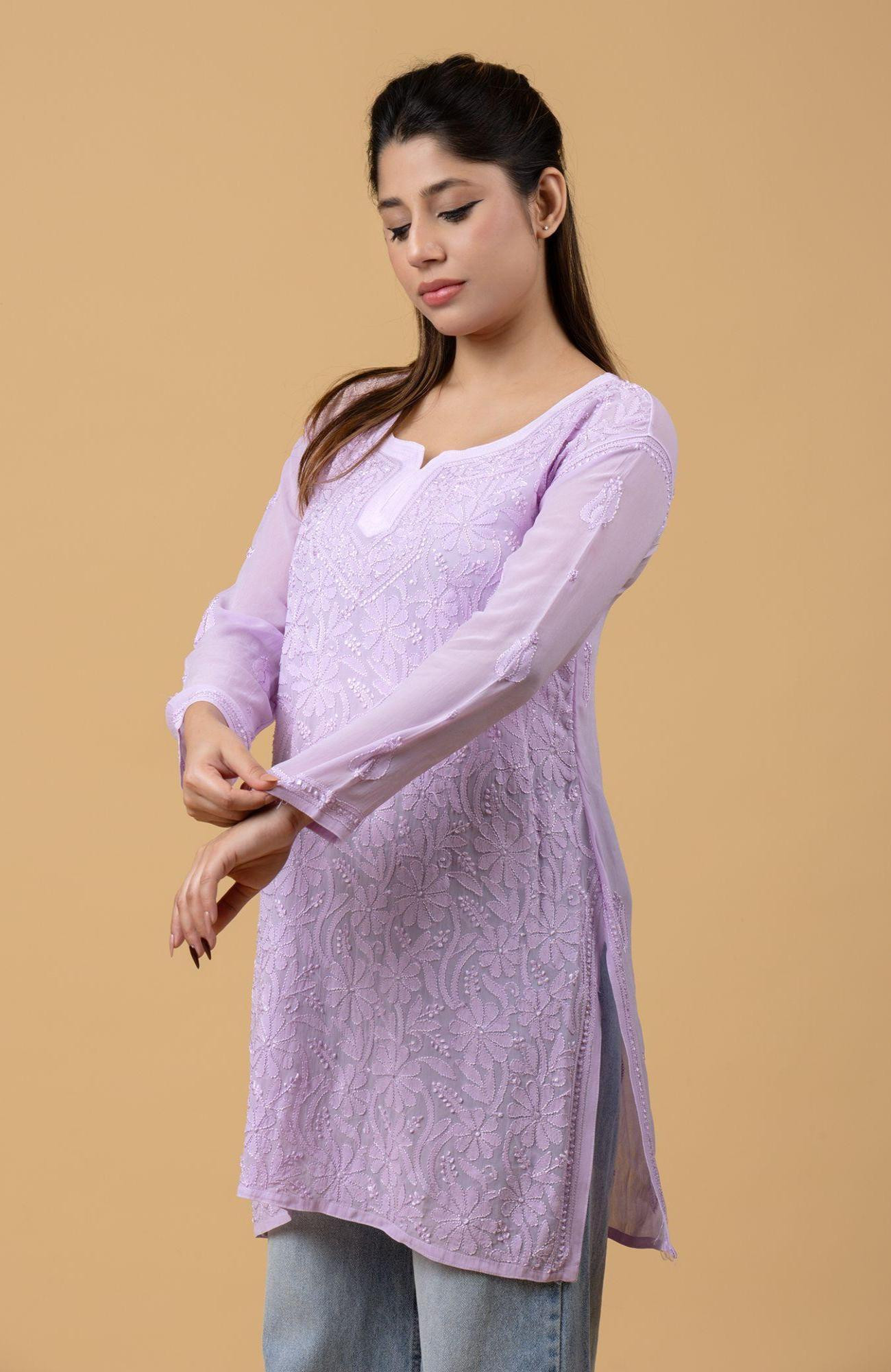 Lavender Pure Georgette Chikankari Short Top