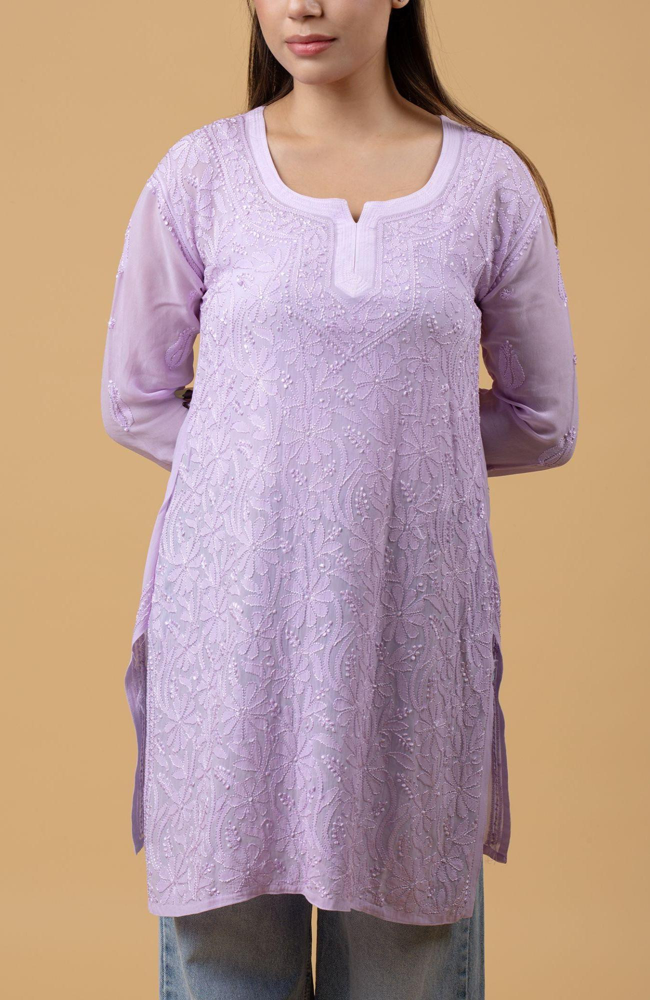 Lavender Pure Georgette Chikankari Short Top